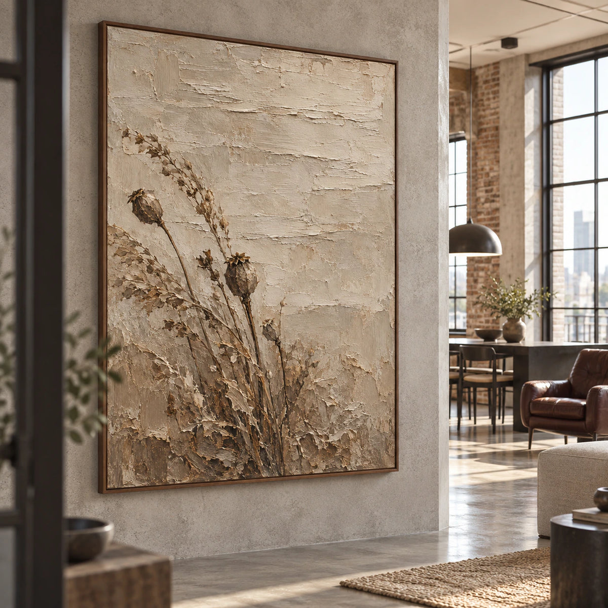 Vertical dried poppy artwork in a bright expansive loft hospitality interior.