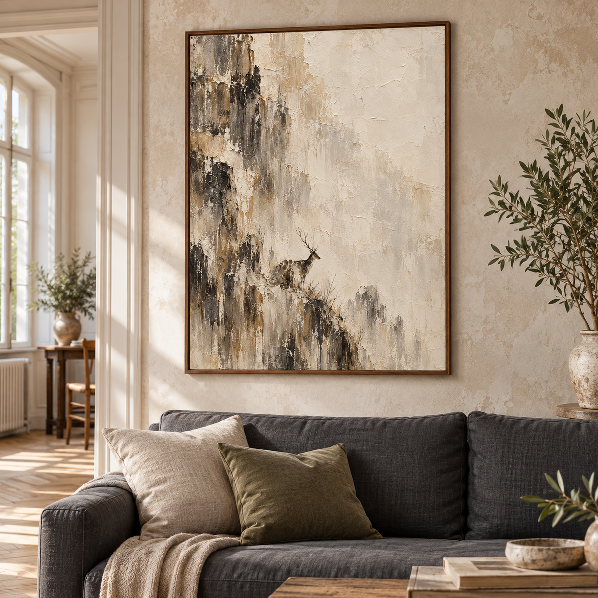 Large vertical stag painting above a restrained charcoal sofa in a bright living room, warm daylight and clear shadow detail, artwork dominant.