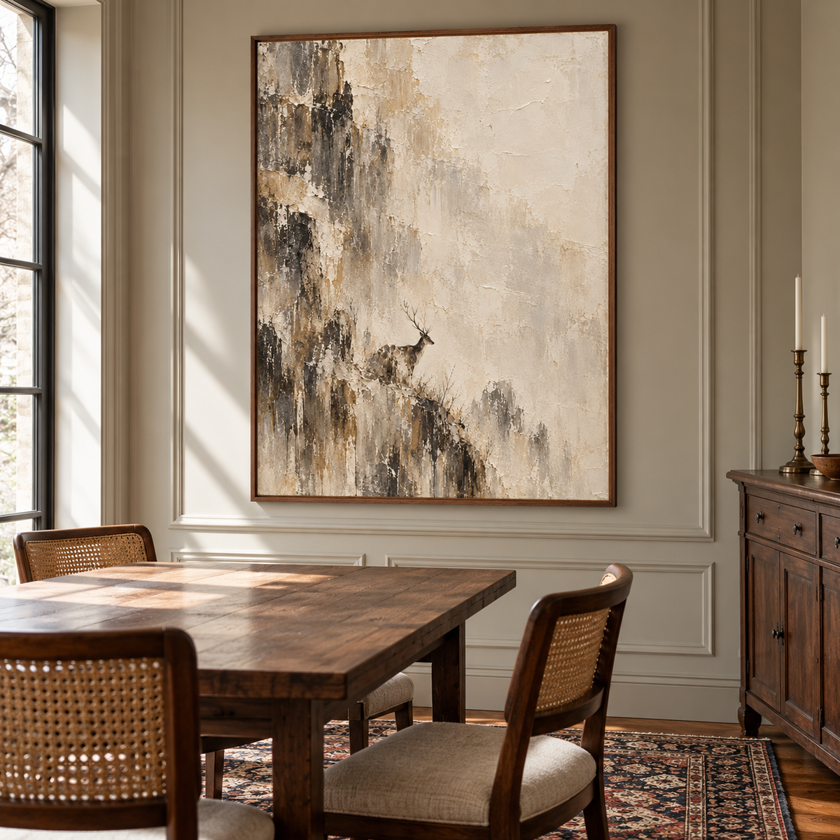 Vertical stag artwork anchoring a refined dining room above a dark wood sideboard, seen from a slight left oblique angle in natural daylight.