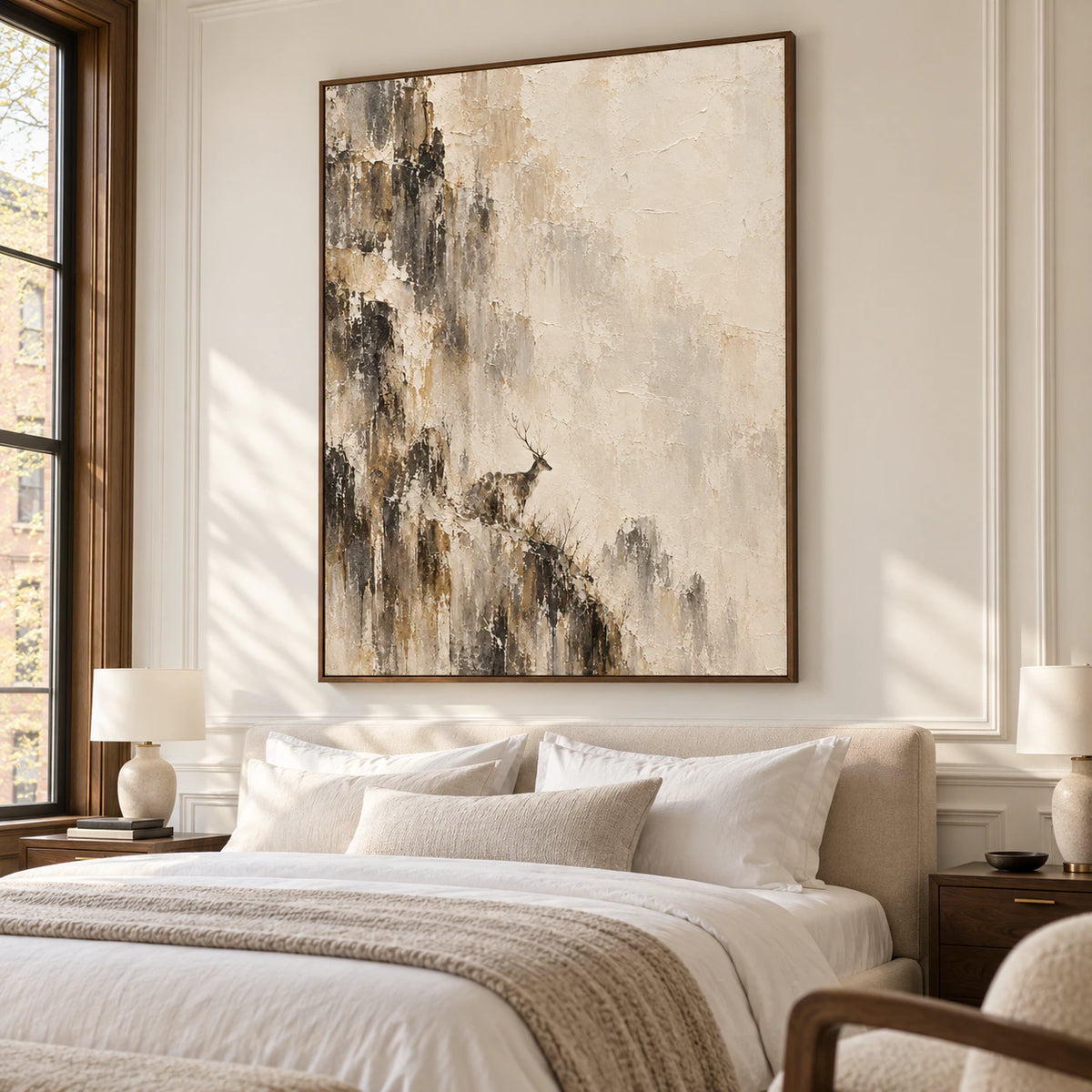 Large painting above a low upholstered bed in a quiet, light-filled bedroom, viewed from a gentle right oblique angle.