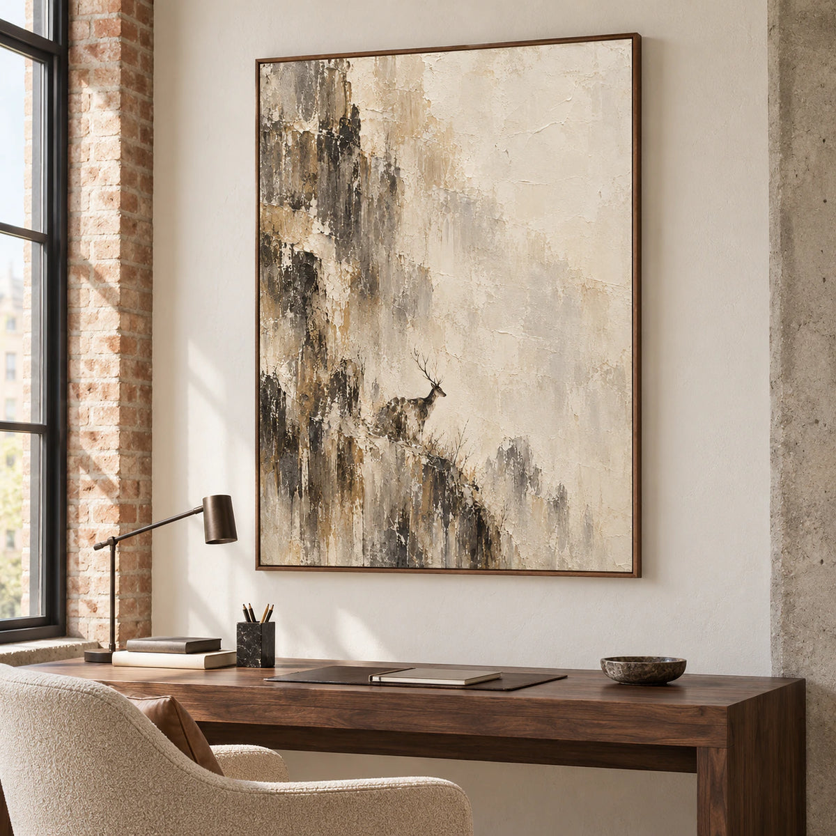 Stag artwork above a simple desk in an airy home office with pale walls and dark furnishings, captured from a slightly elevated left angle.
