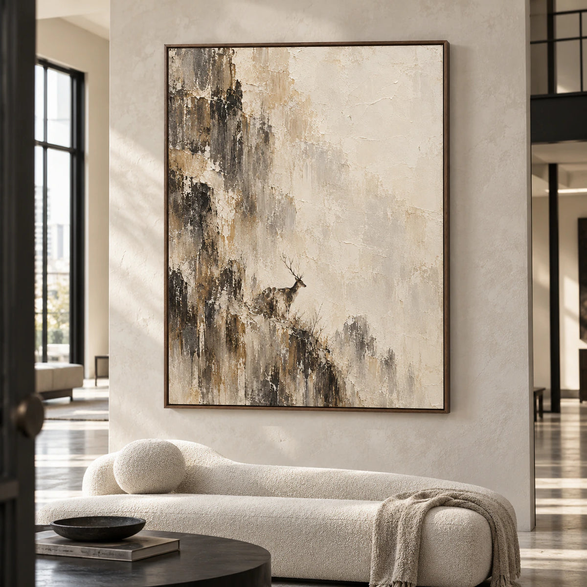 Oversized vertical artwork commanding a bright gallery-scale foyer with stone flooring and restrained furnishings, viewed from below.