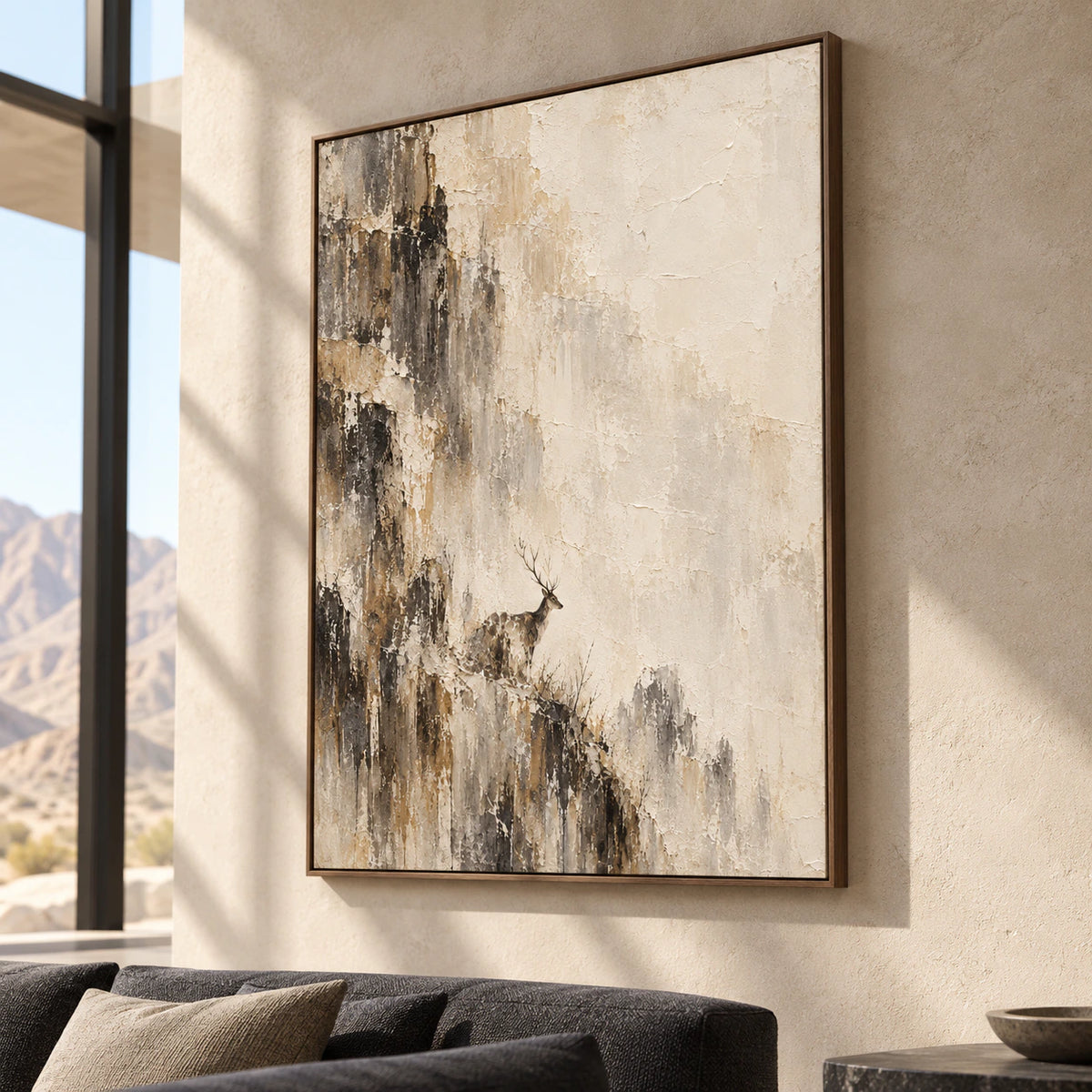 Large stag painting in an expansive loft interior with tall windows, concrete surfaces and minimal dark furniture, artwork prominent.