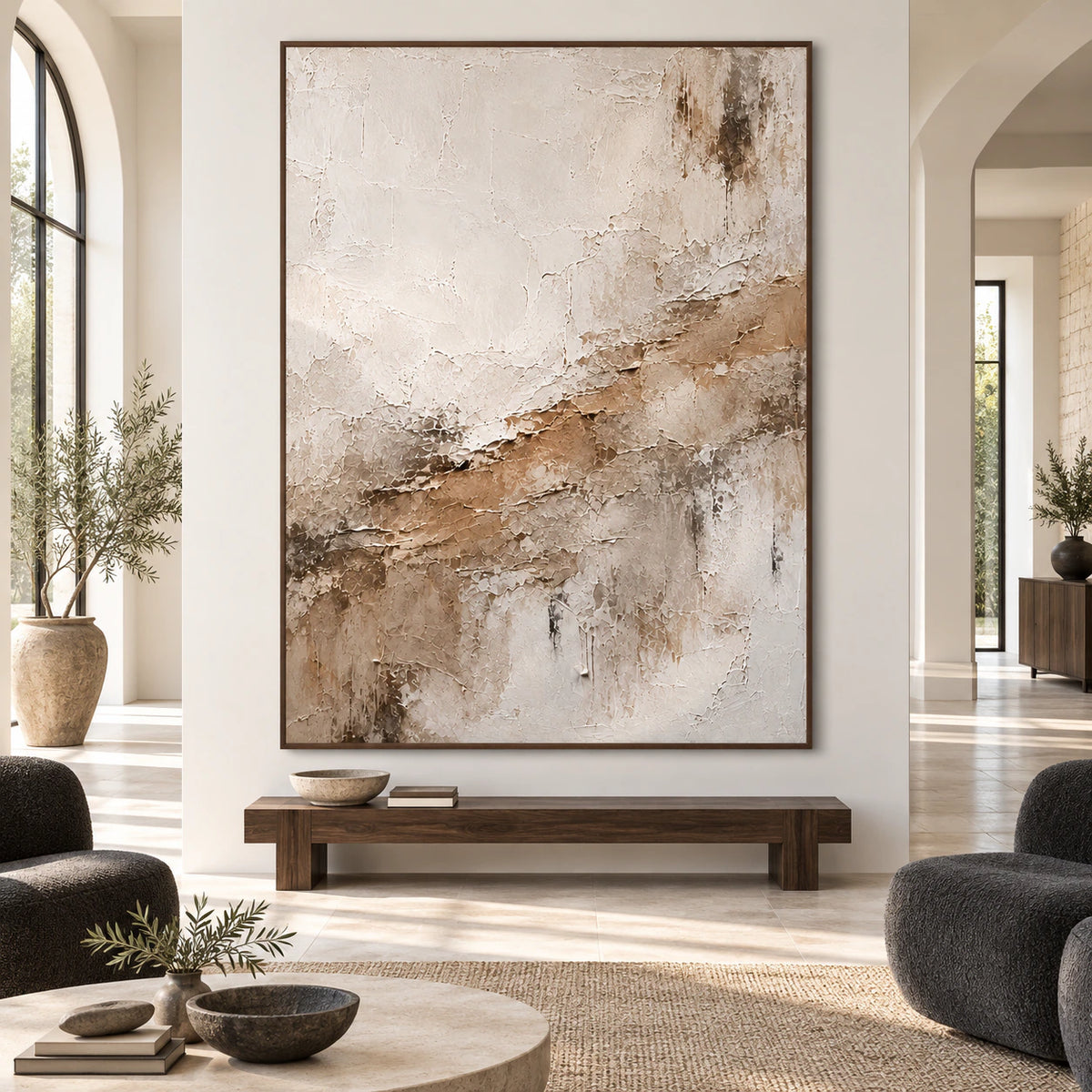 Large Fallow-Strata painting displayed straight-on in a spacious architectural living room.