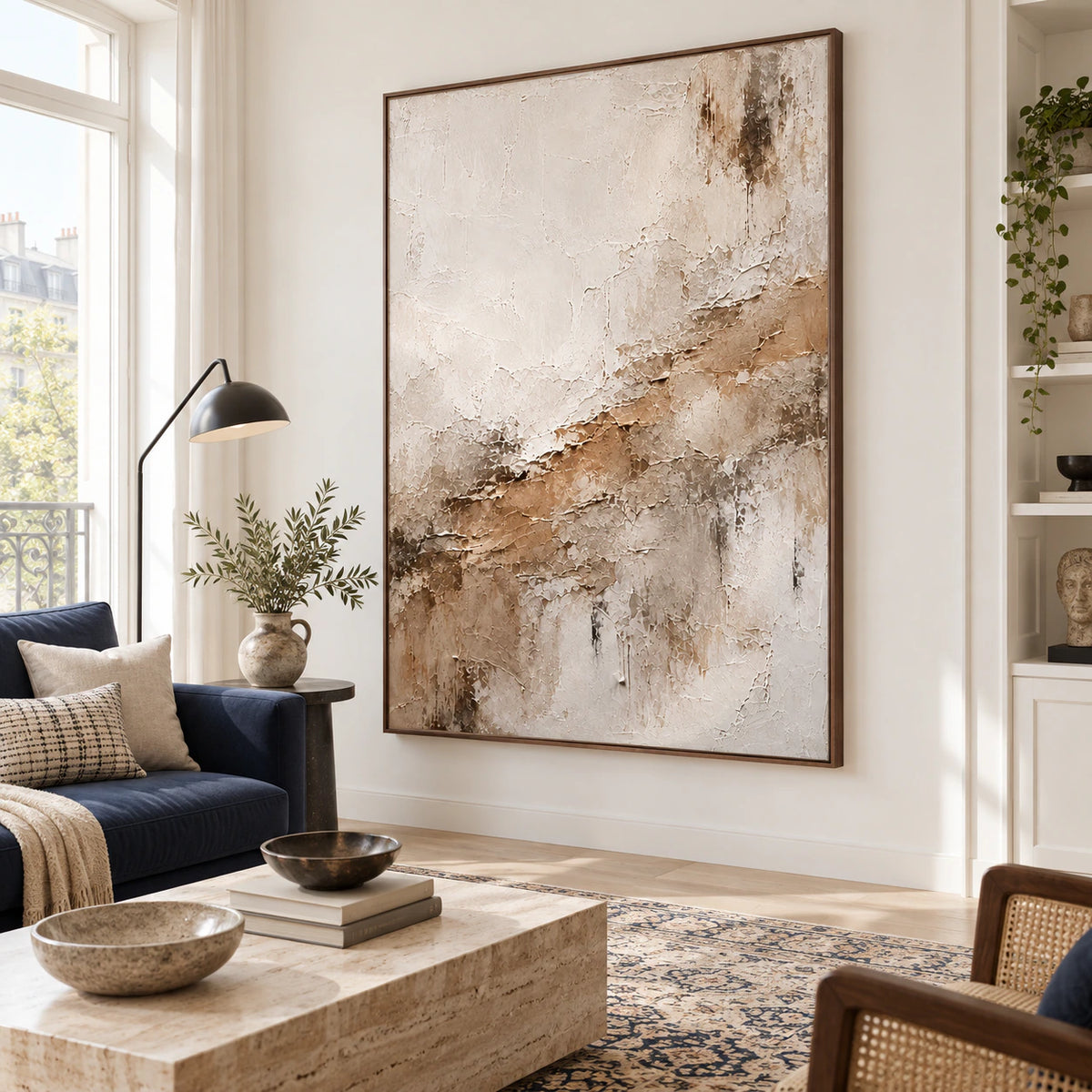 Fallow-Strata as the focal artwork in a bright contemporary living room.