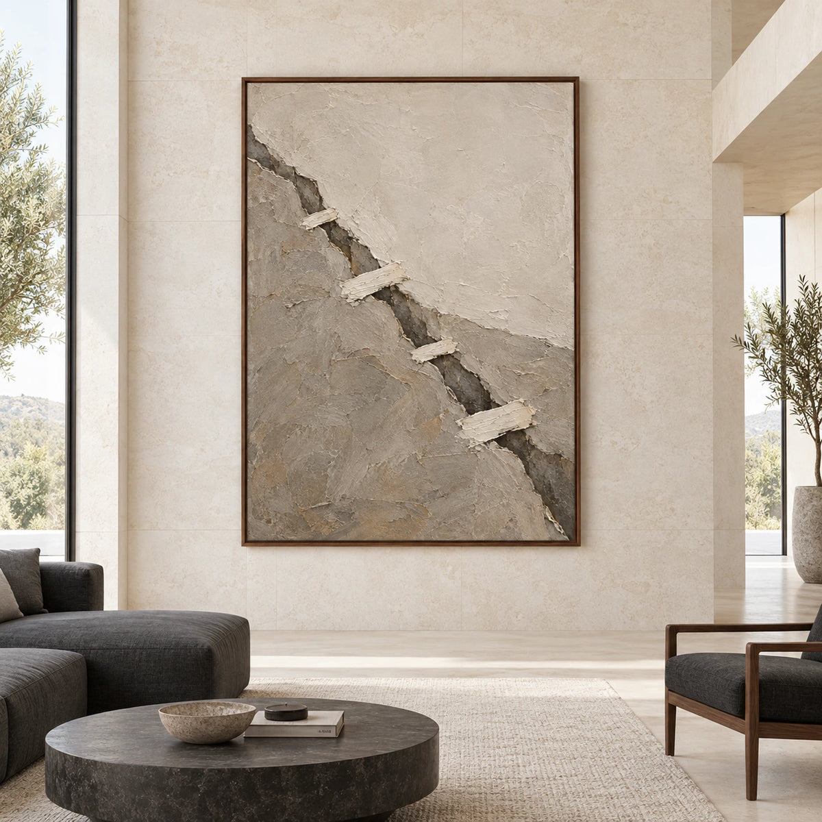 Fault-Whisper displayed at large scale, straight-on in an expansive daylight gallery room.