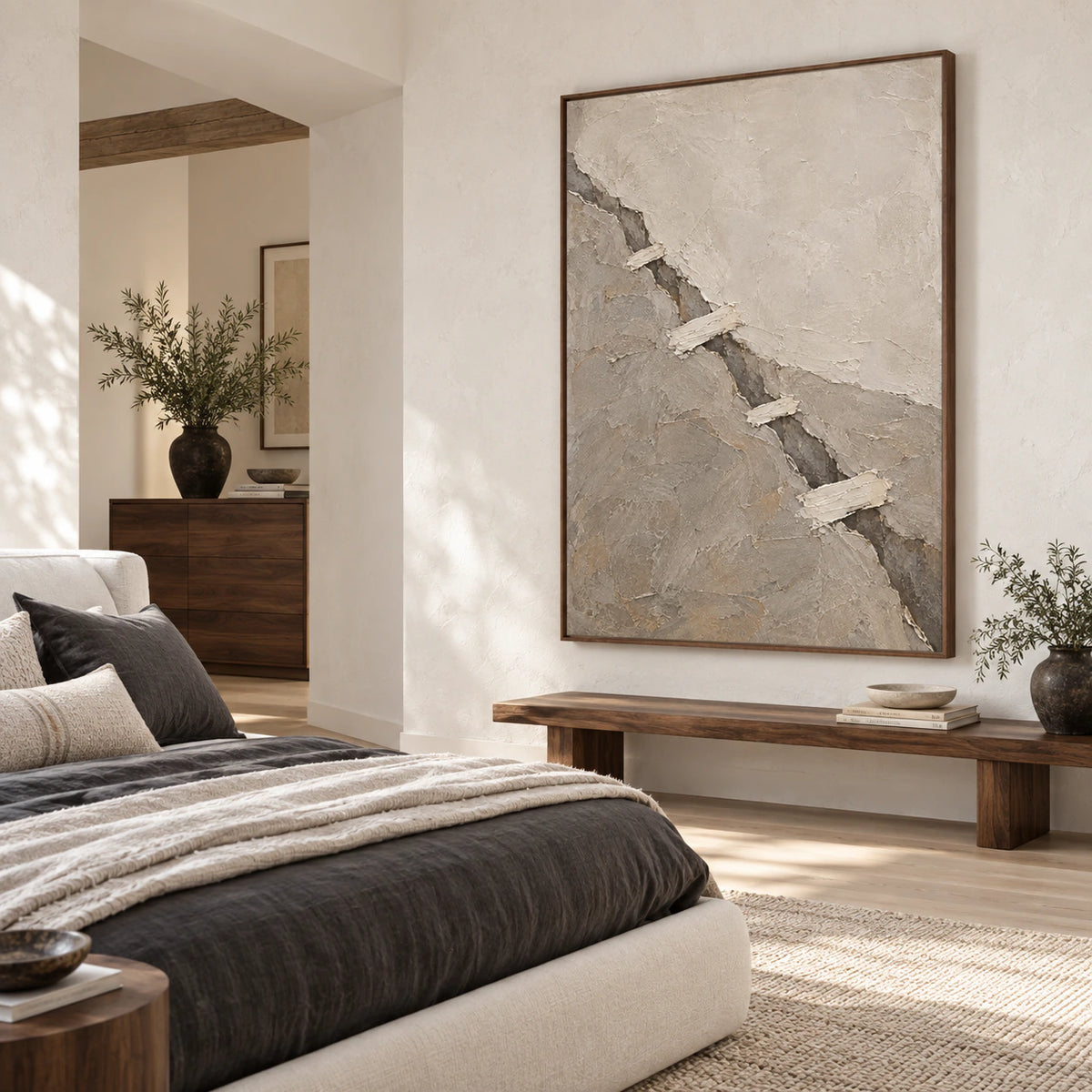 Fault-Whisper as the central vertical artwork in a quiet airy bedroom.