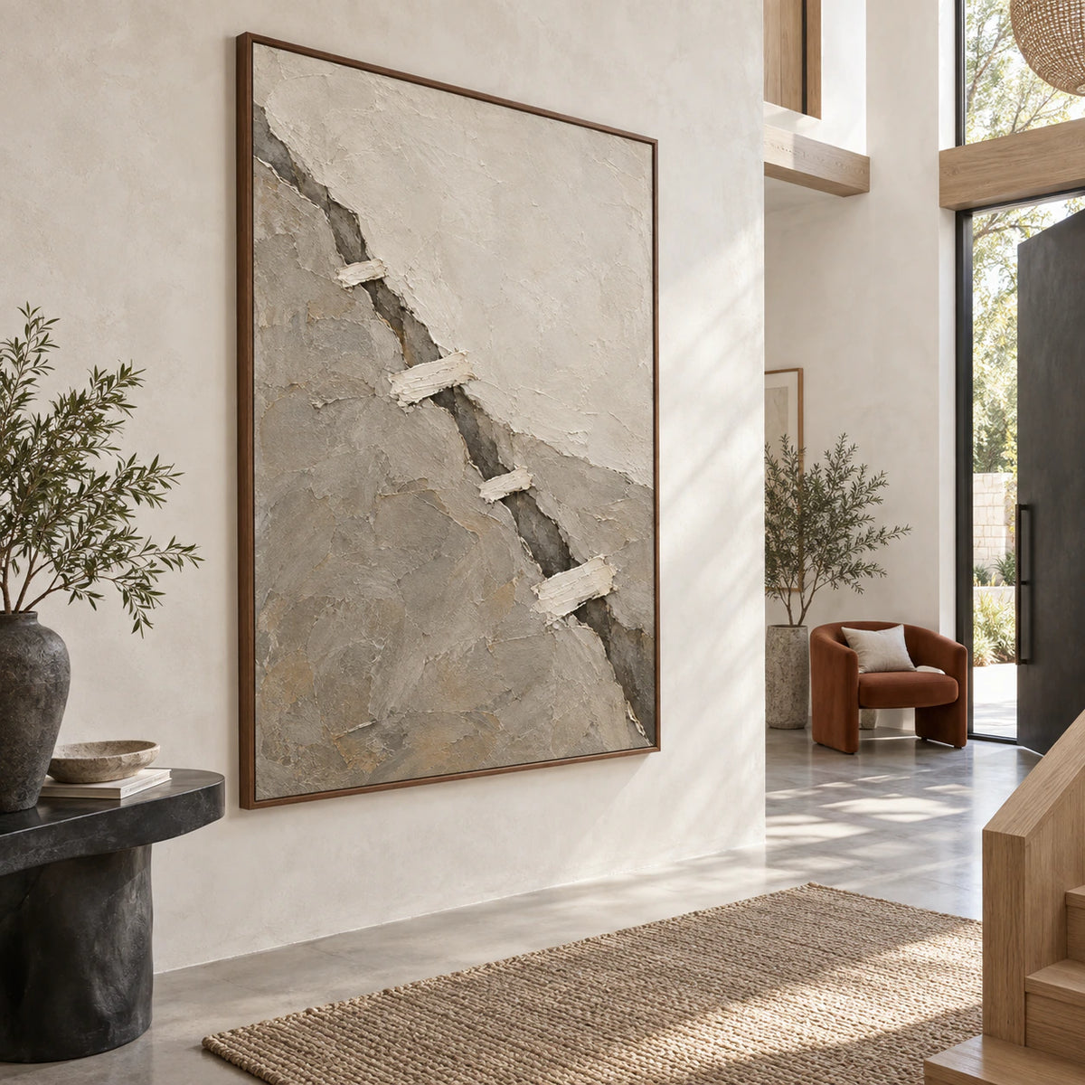 Fault-Whisper at gallery scale in a sunlit architectural foyer.