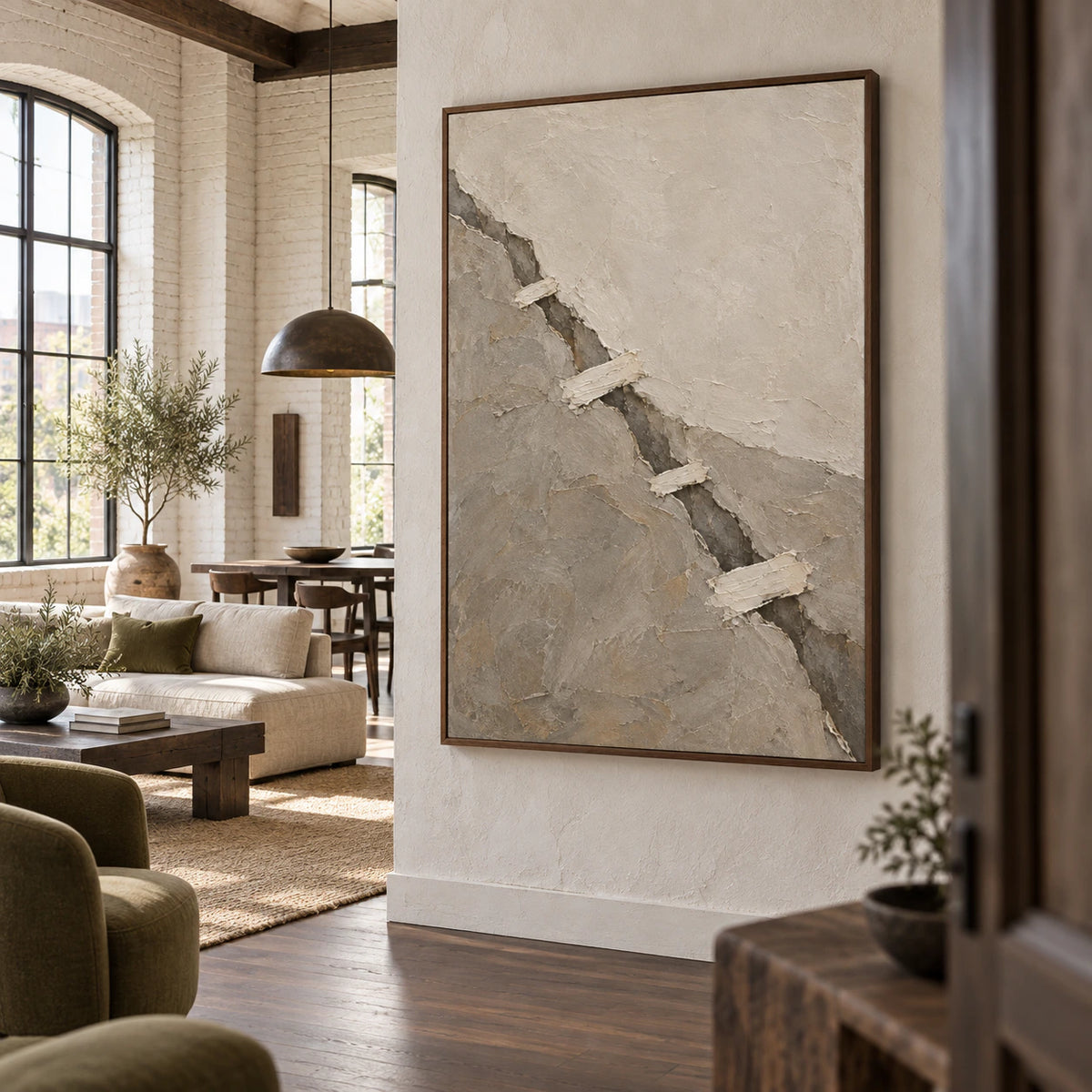 Fault-Whisper as a large statement artwork in an expansive loft hospitality interior.