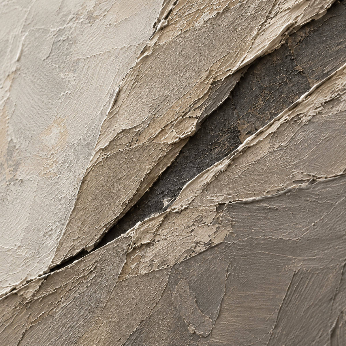 Faulted-Quiet oil painting brushwork and impasto detail photographed from an oblique side angle
