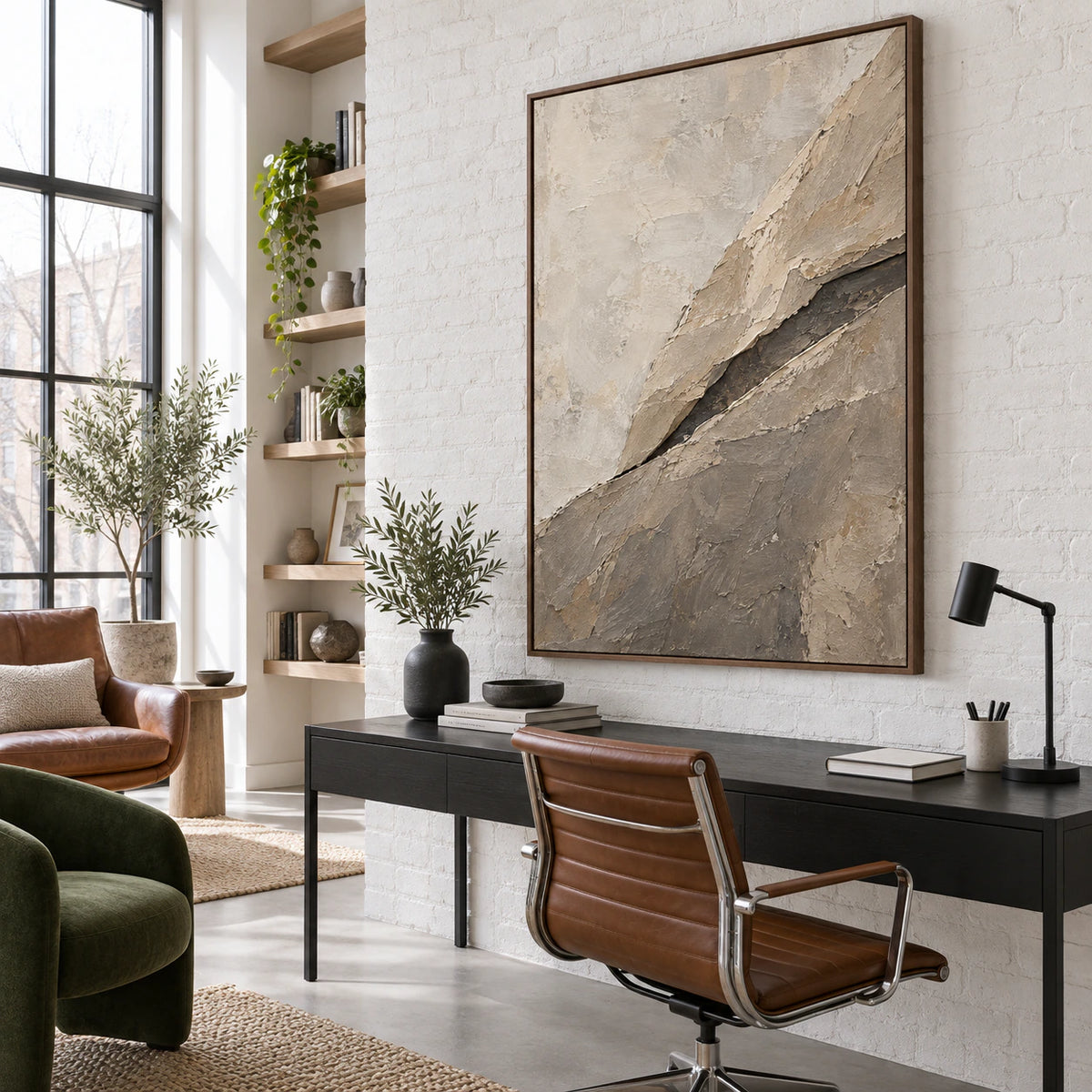Large vertical textured abstract painting in an airy home office reading space.
