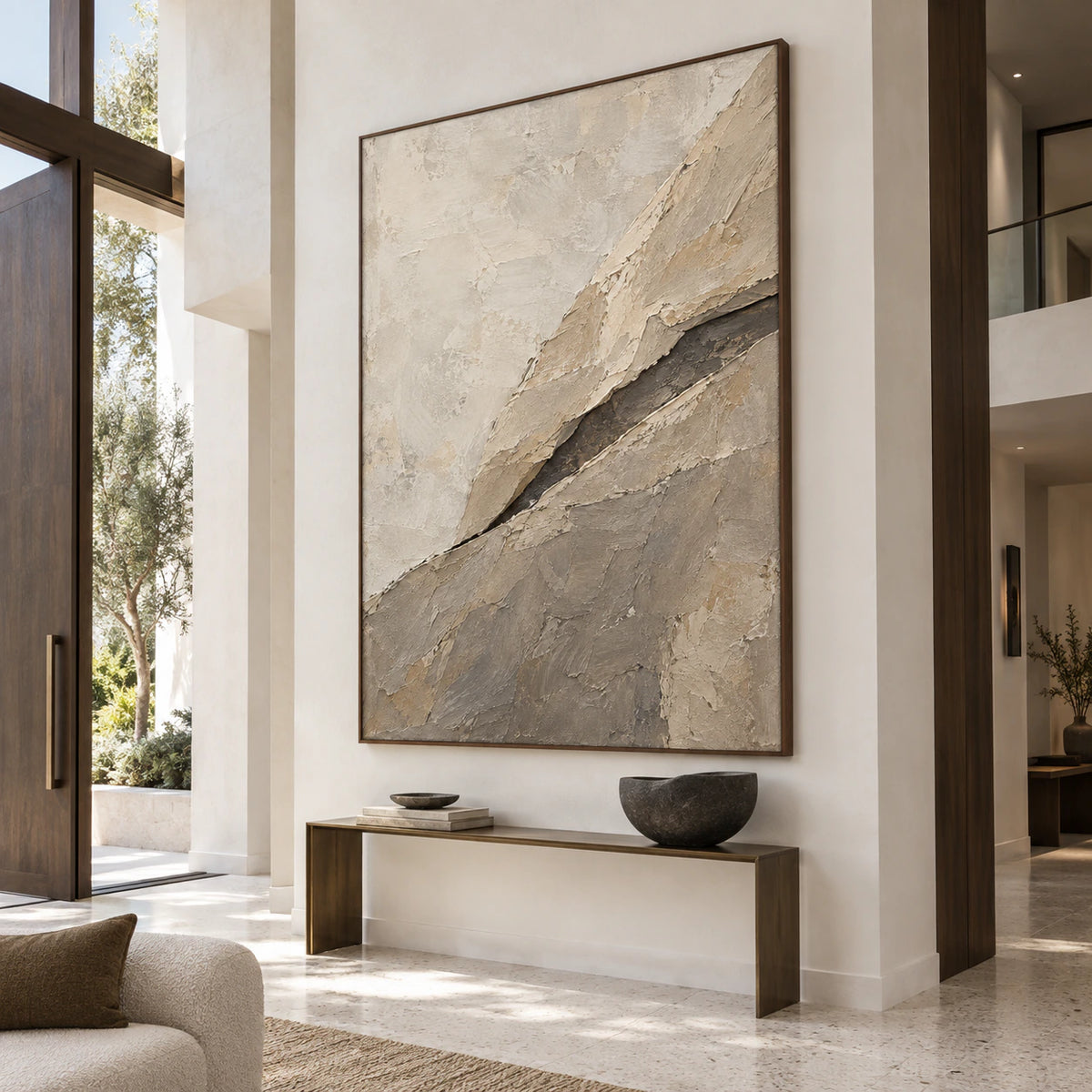 Large vertical textured abstract painting in a gallery-scale daylight foyer.