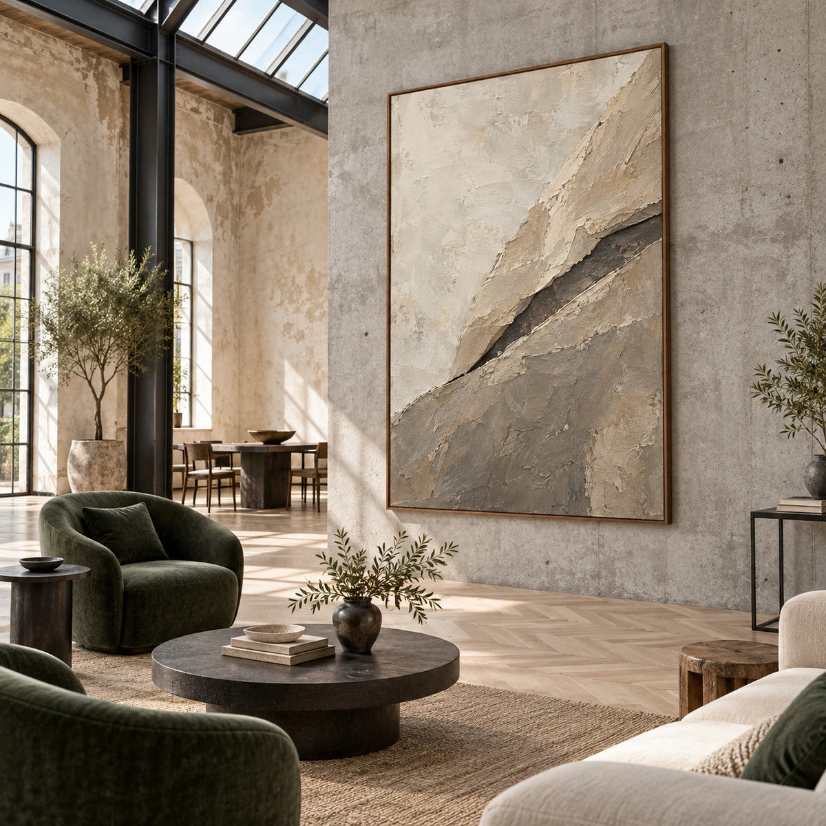 Large vertical textured abstract painting in an expansive loft hospitality interior.