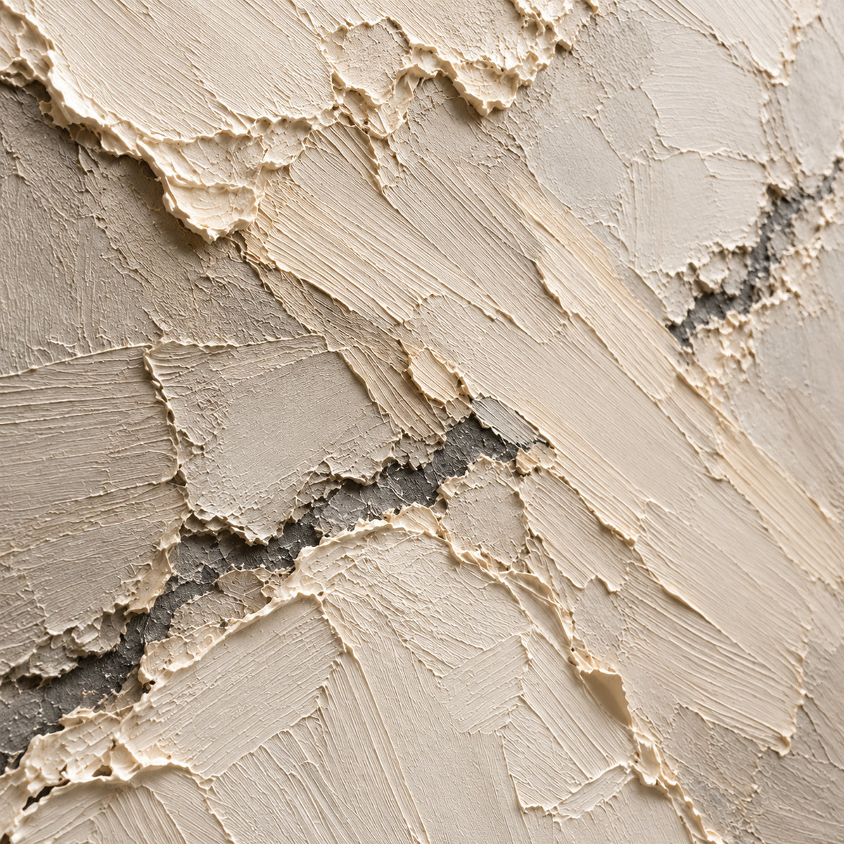 Fissure-Drift oil painting brushwork and impasto detail photographed from an oblique side angle