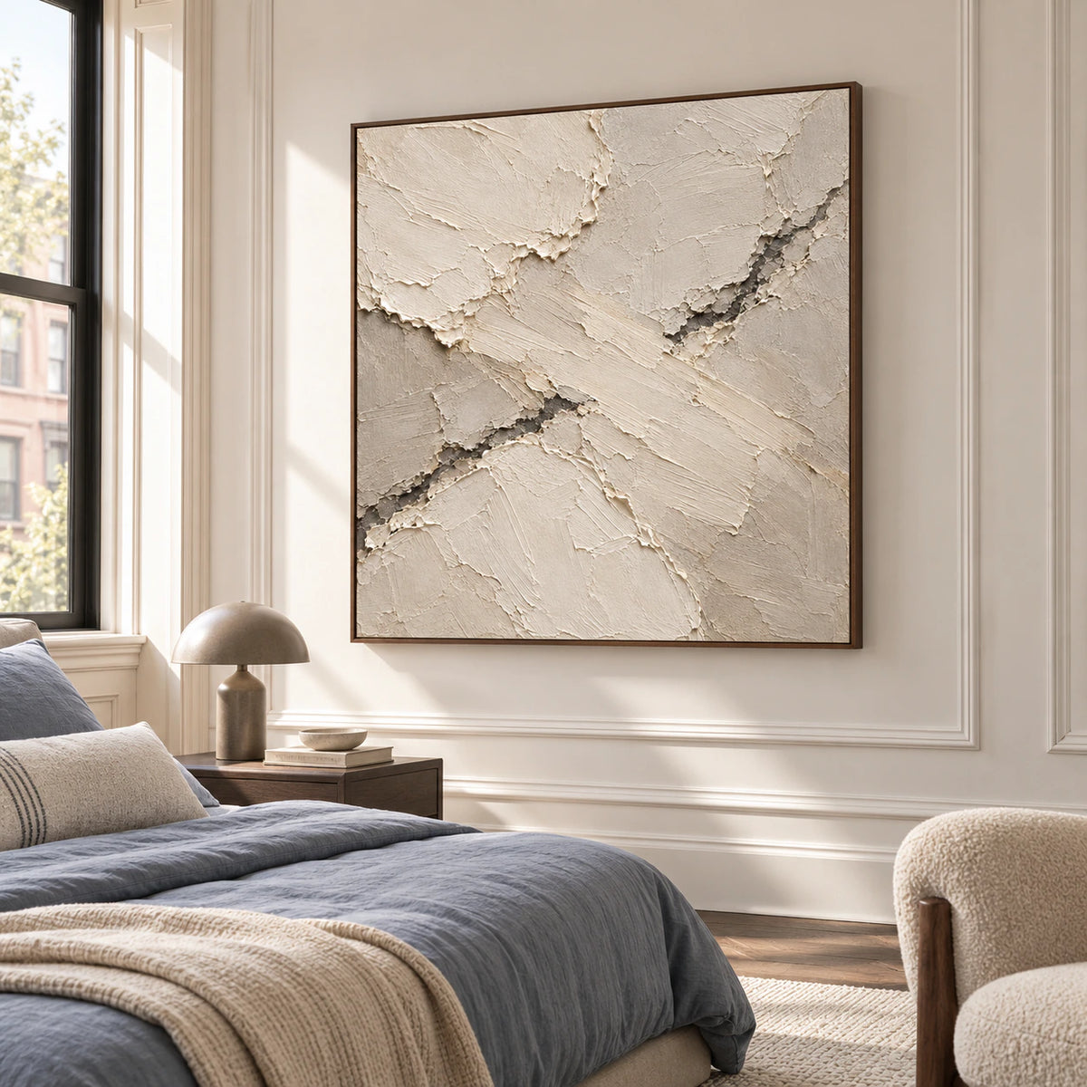 Square ivory and taupe relief artwork above a simple bed in a quiet, bright bedroom, photographed from a gentle right angle with natural daylight.