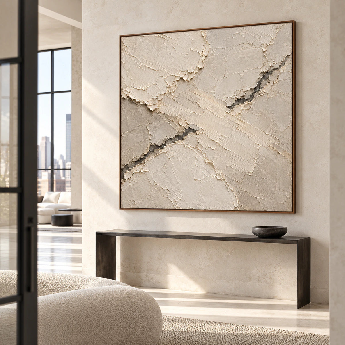 Square artwork commanding a gallery-scale foyer with pale stone walls and a dark console, viewed from a low, slight left angle in daylight.