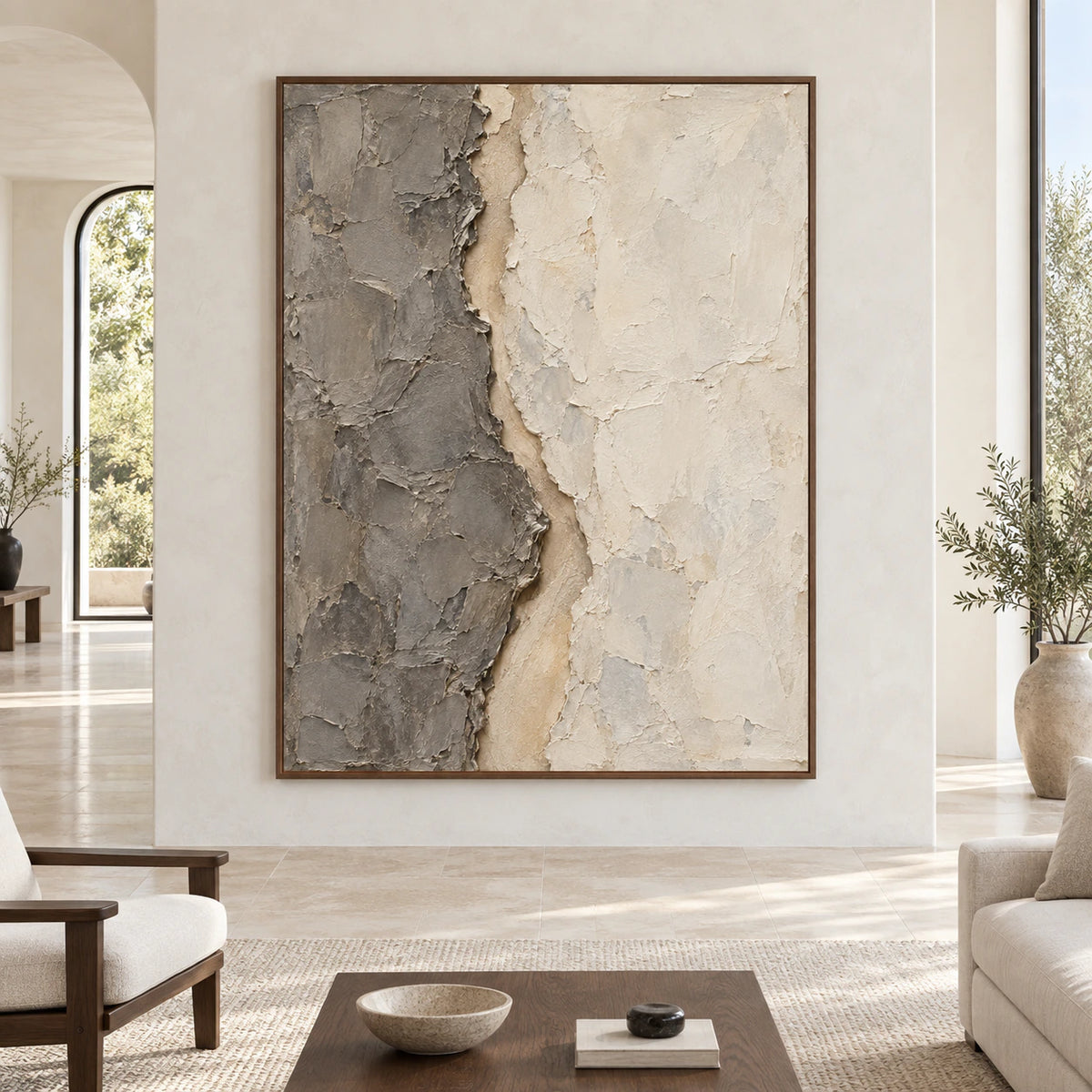 Fissure-Quiet displayed at large scale straight-on in a bright architectural living space.