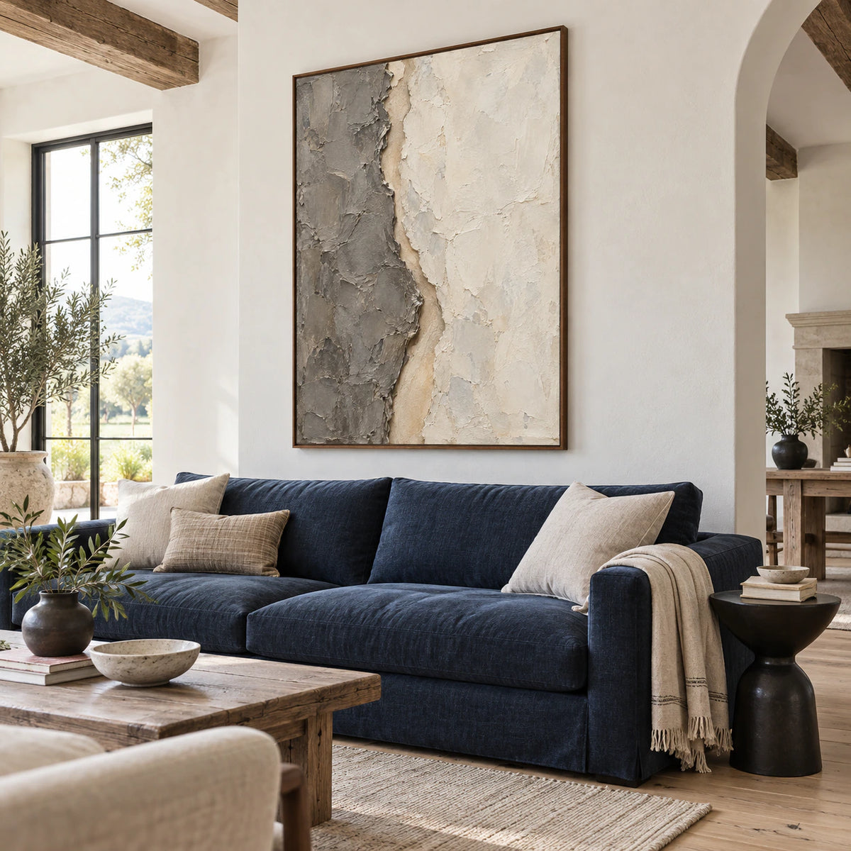 Fissure-Quiet above a restrained sofa in a bright daylight living room.