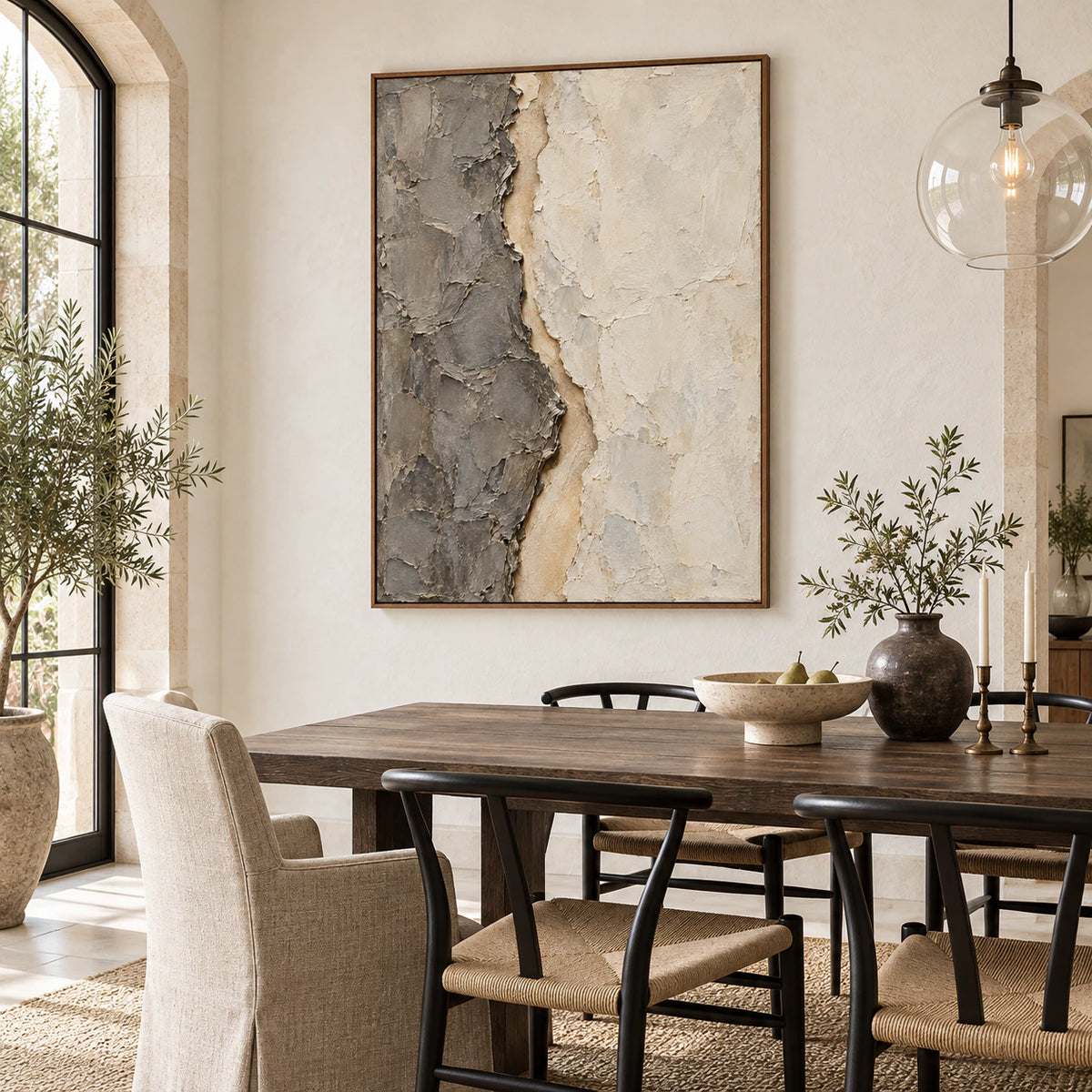 Fissure-Quiet as the focal artwork in a refined naturally lit dining room.