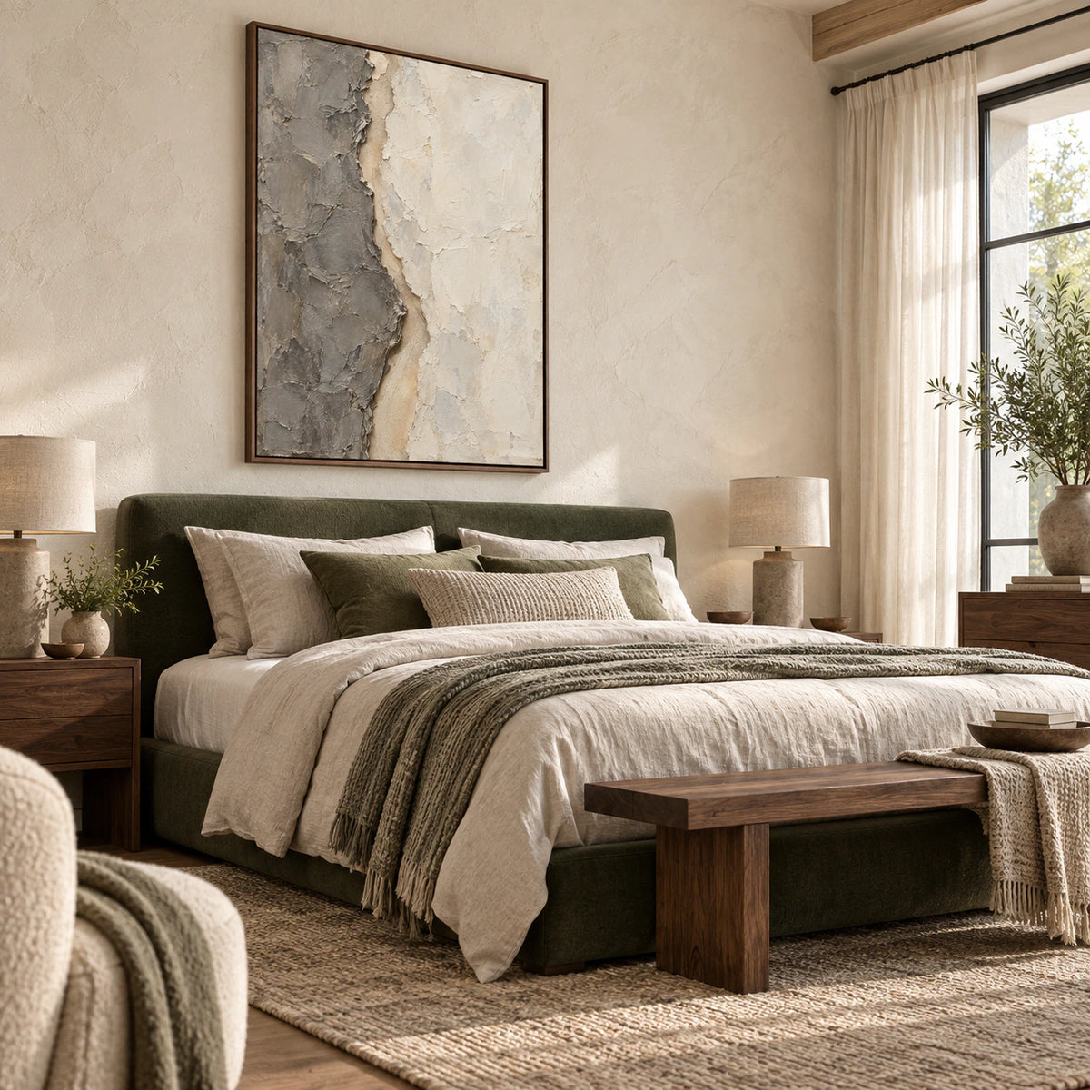 Fissure-Quiet above a low bed in a quiet bright bedroom.