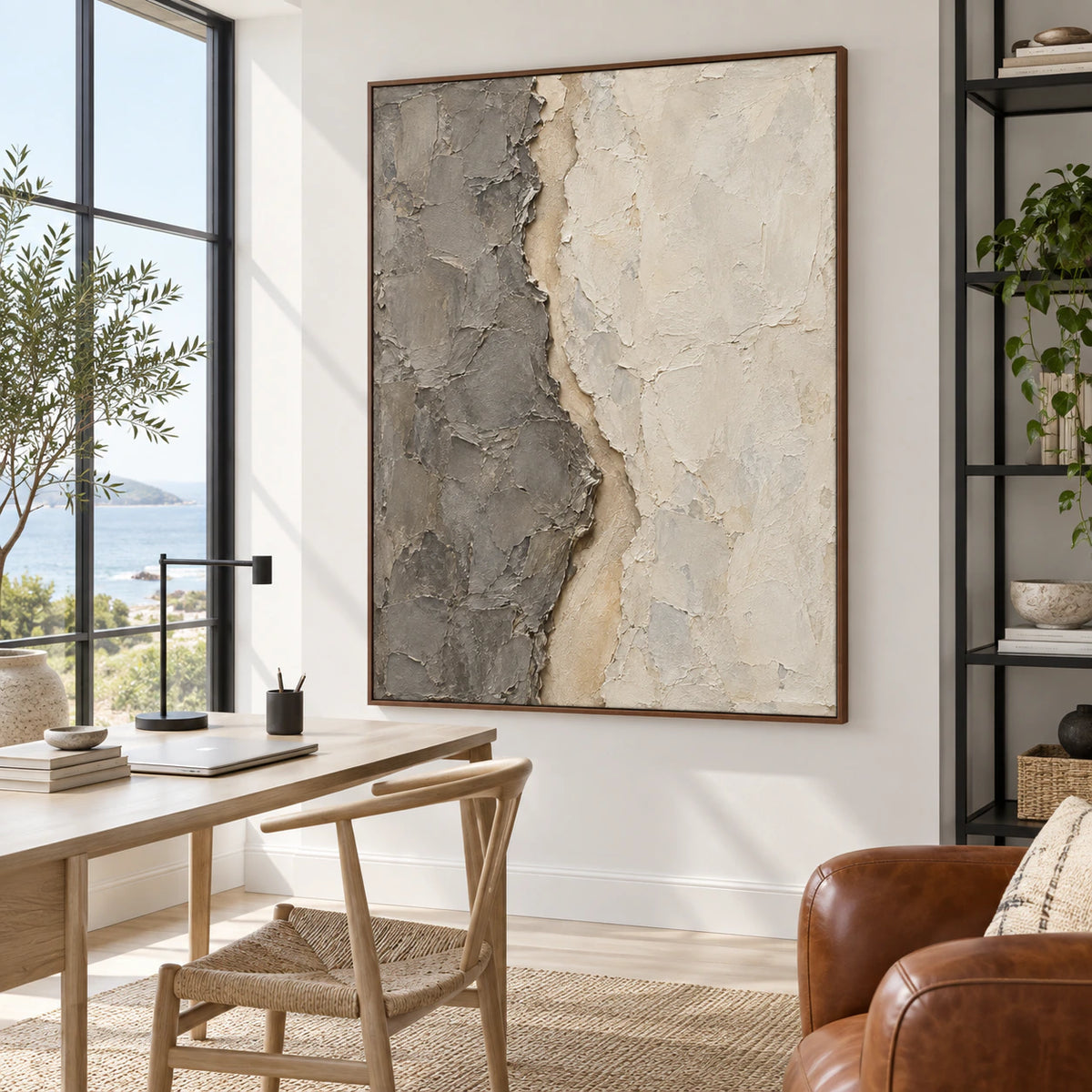 Fissure-Quiet anchoring an airy home office reading space.