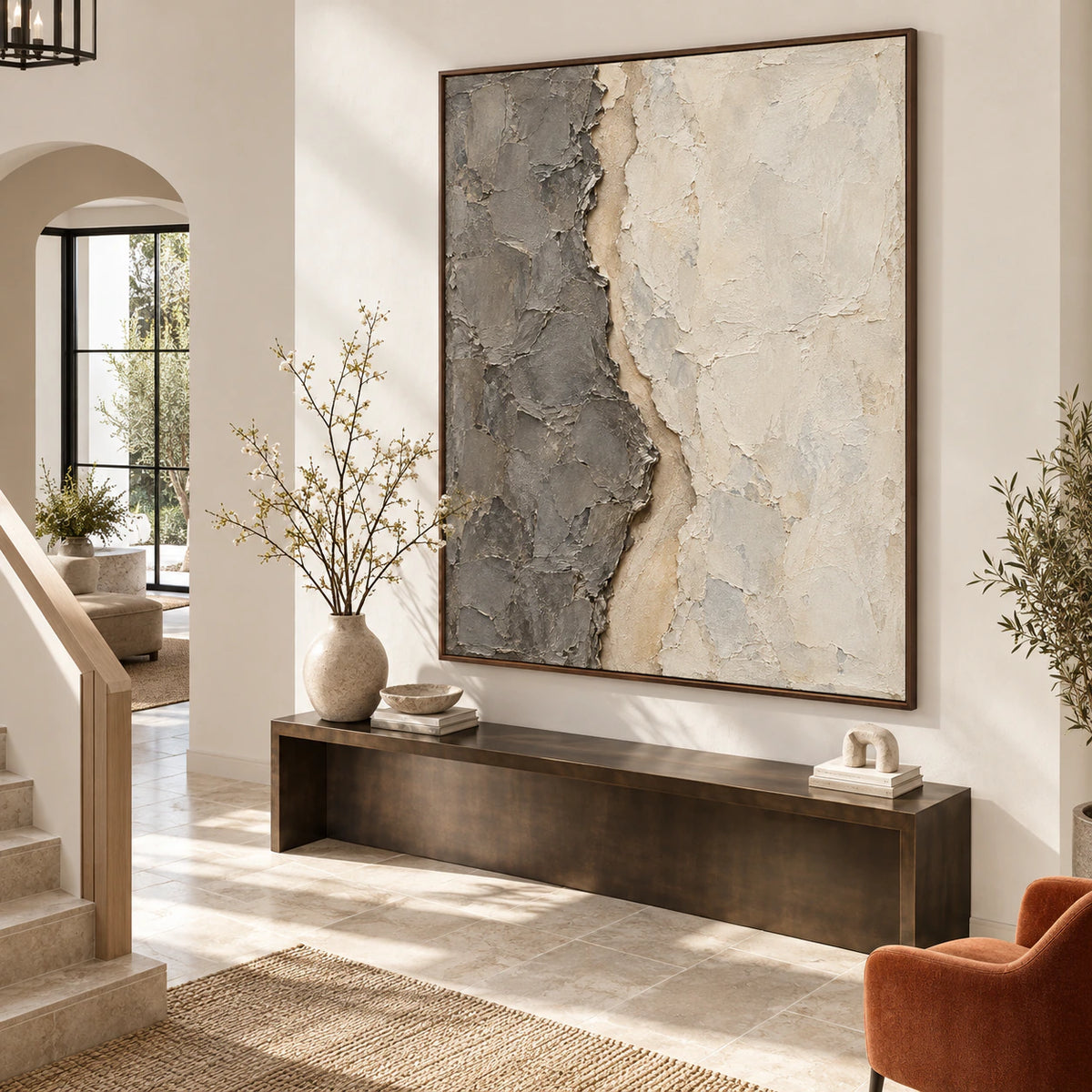 Fissure-Quiet at gallery scale in a sunlit stone foyer.
