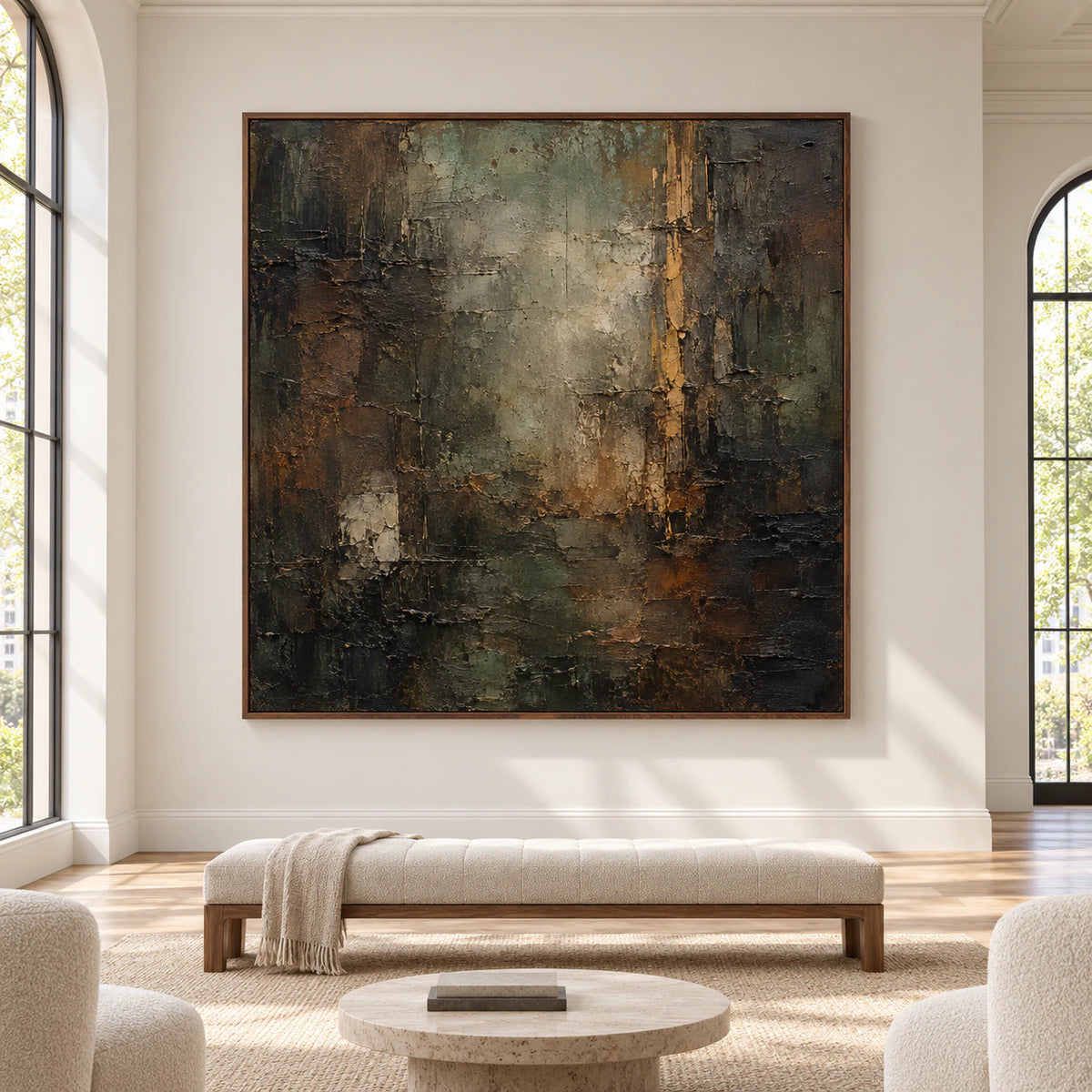 Large square abstract painting in sage, charcoal, brown and ochre, viewed straight-on in a spacious, bright gallery room.