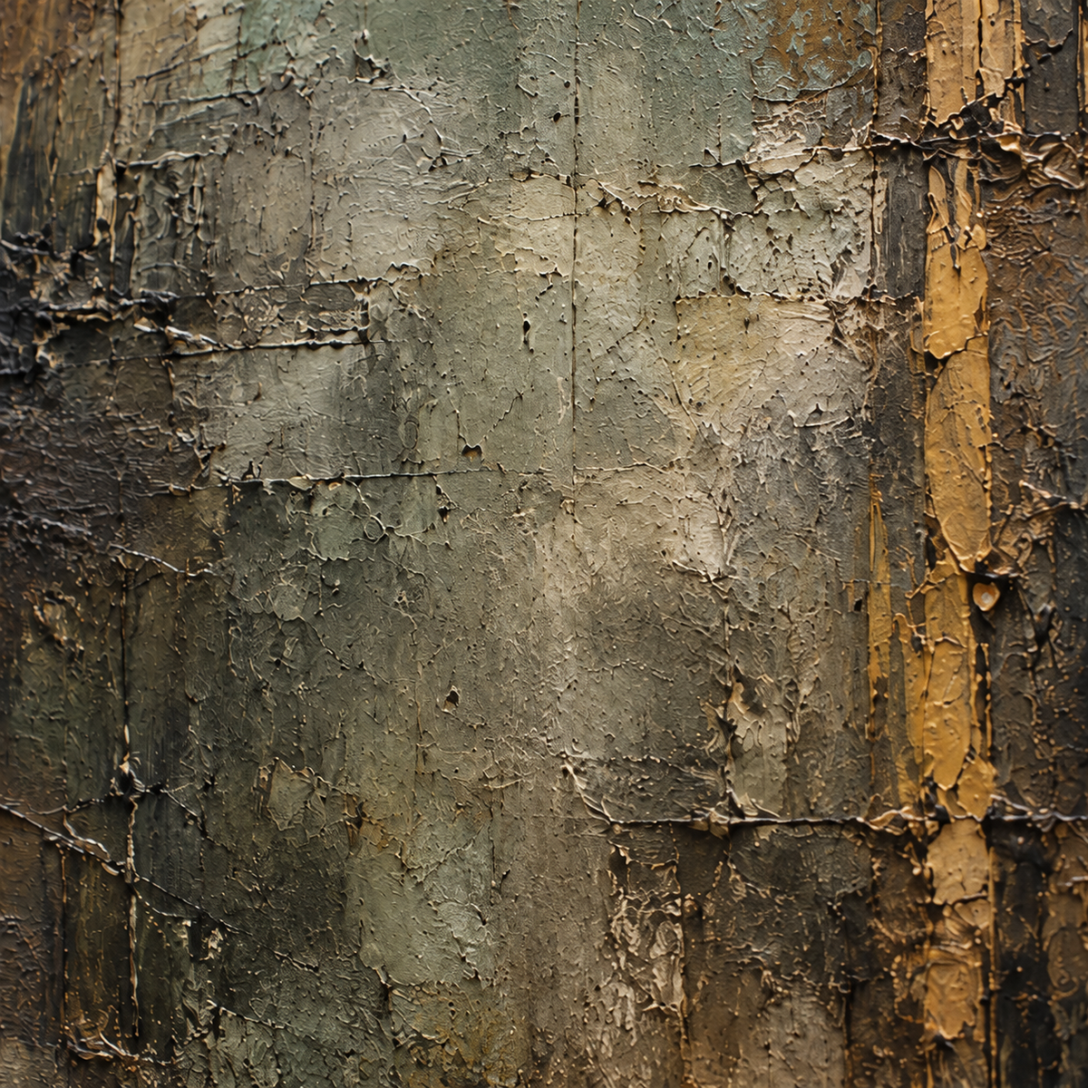 Oblique close-up of the oil painting’s layered surface, with grazing light revealing raised paint ridges, cracks and color transitions.