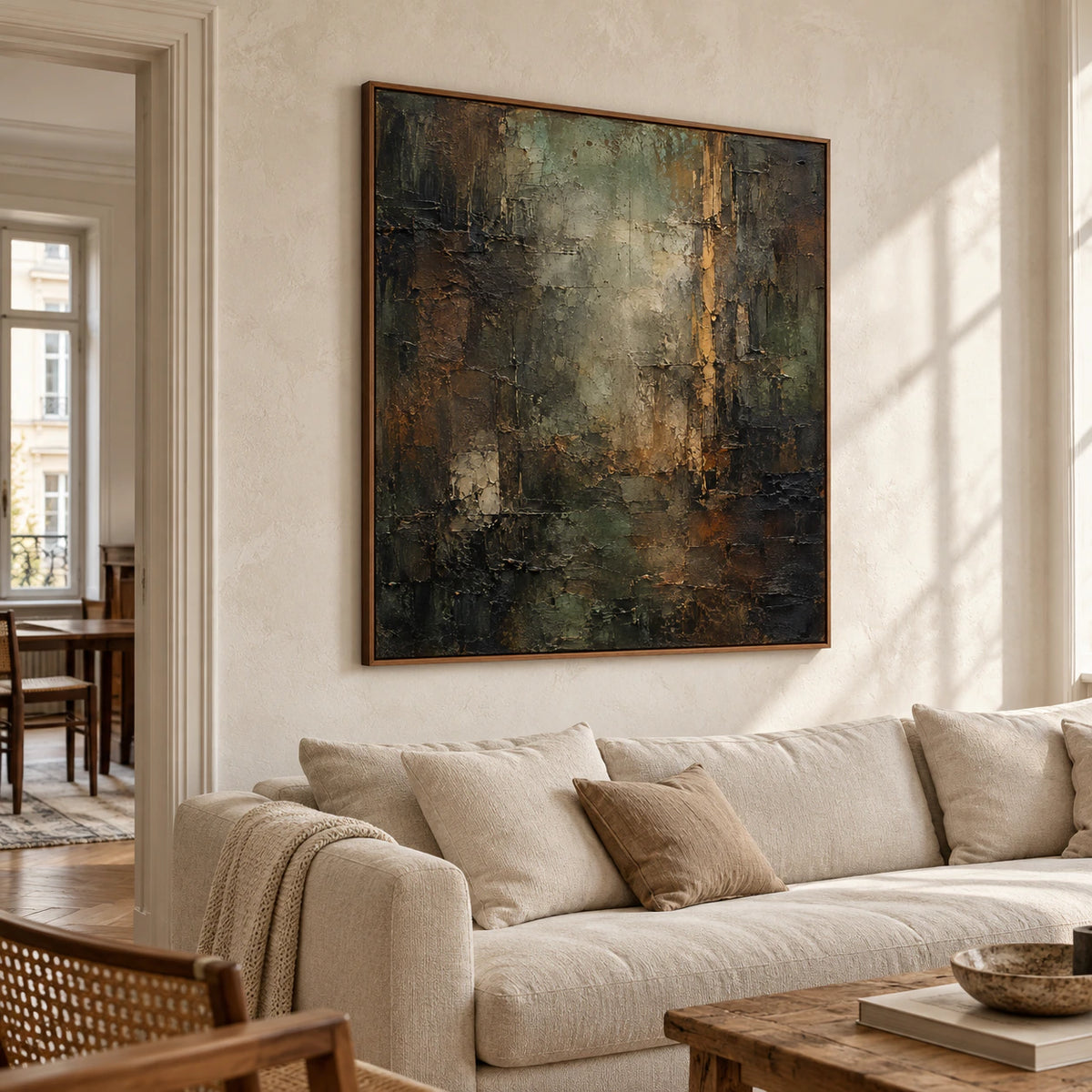 Large square abstract painting above a pale stone-colored sofa, viewed from the left in a bright living room with broad windows and ivory and timber furnishings.
