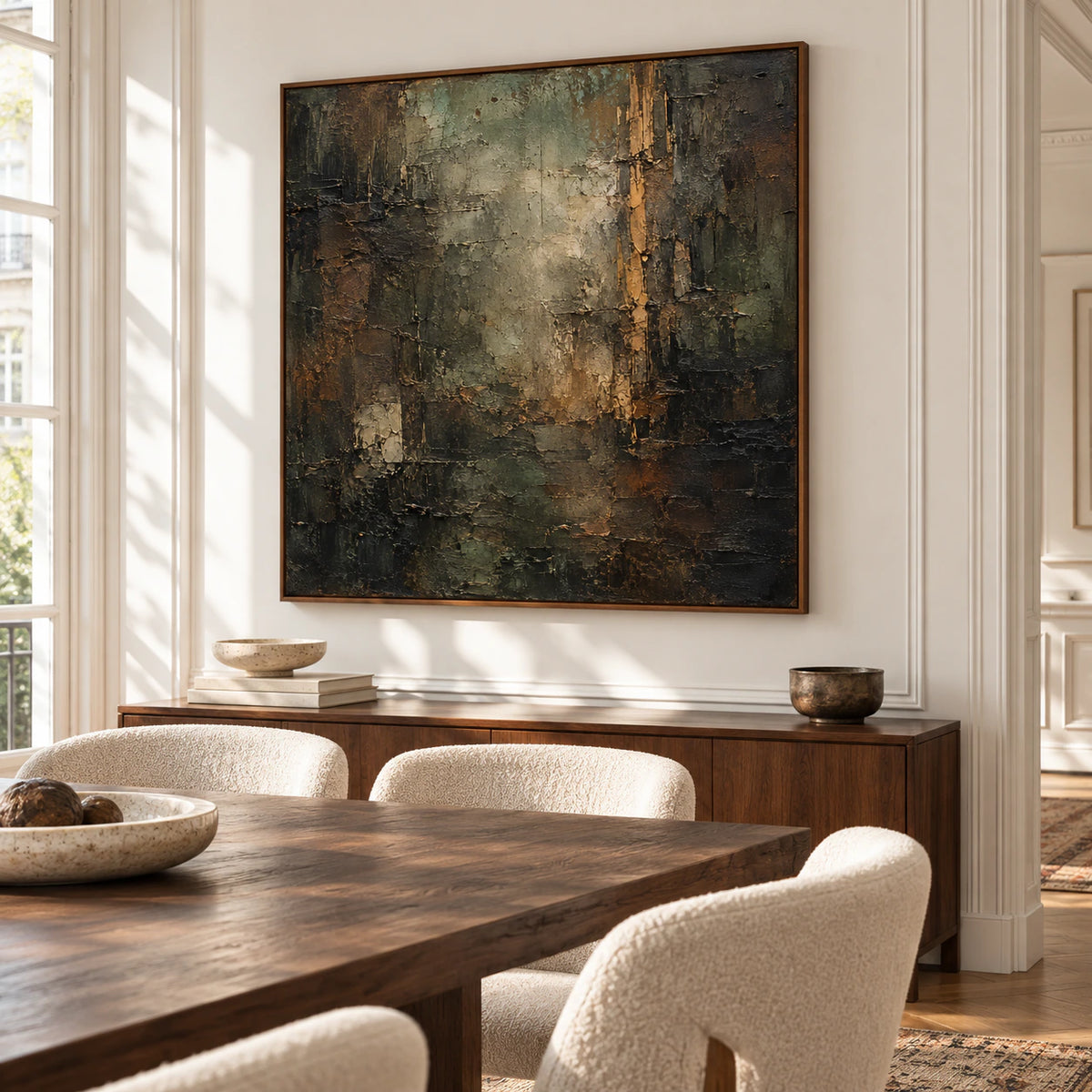 Square textured abstract painting in a bright dining room, viewed from the right at seated eye level, with a long dark wood table and sculptural pale chairs.