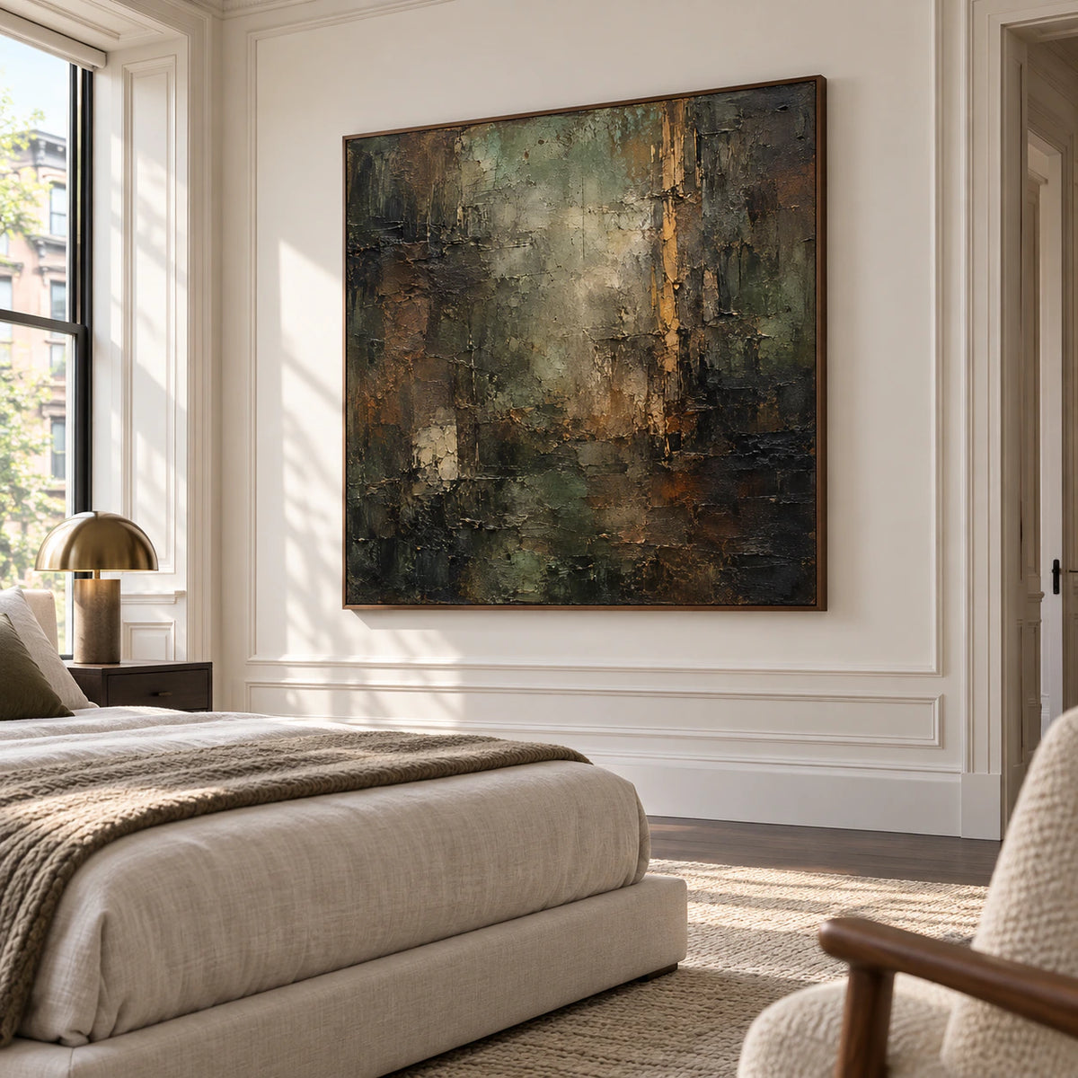 Square textured abstract painting beside a low bed in a bright bedroom with light linen, pale walls and restrained furnishings.