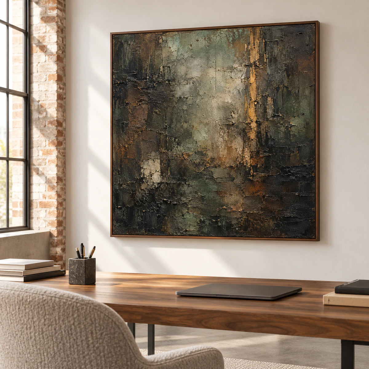 Large square abstract painting viewed from the left in an airy home office and reading space with a simple desk, comfortable chair and pale walls.