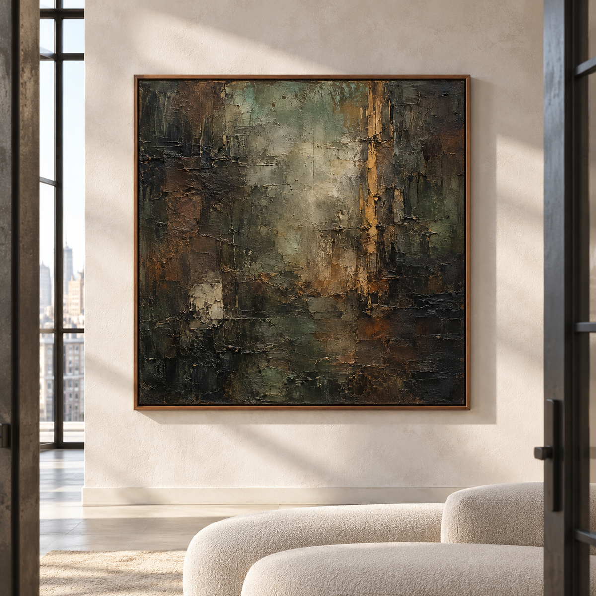 Large square abstract painting with sage, charcoal, brown and ochre planes displayed in a bright, spacious lounge.