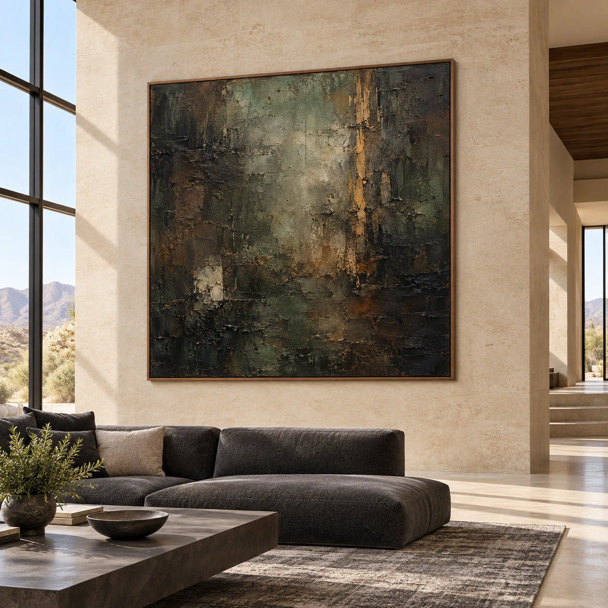 Large square textured abstract painting viewed from the right across an expansive loft with high ceilings, broad windows and understated furniture.