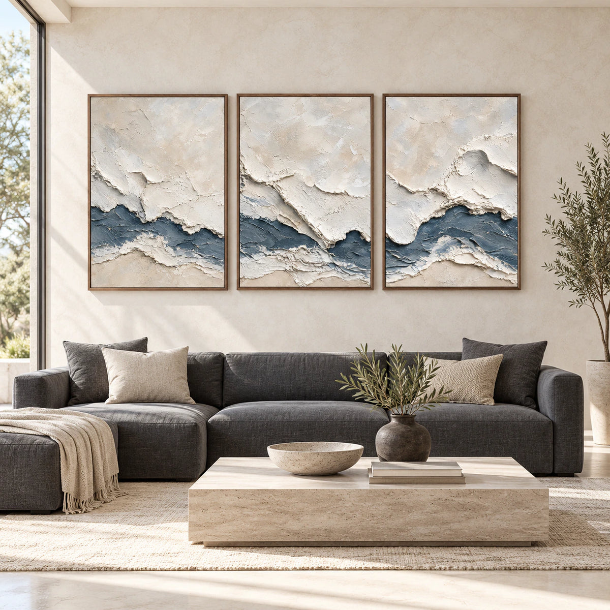 Large straight-on gallery view of the Fjord-Accord three-canvas triptych in slim walnut frames.