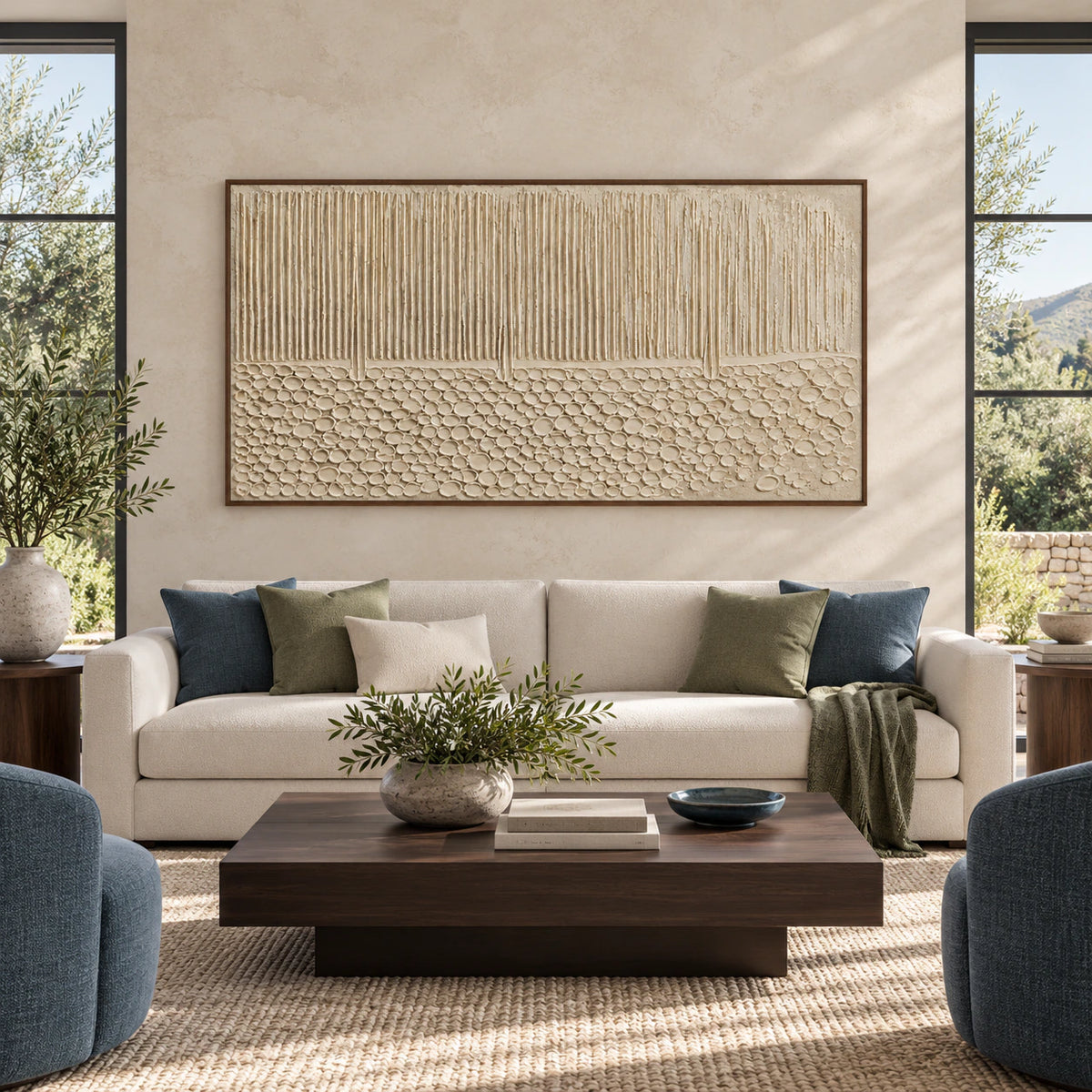 Large Fluted-Cairn artwork displayed straight-on in a spacious contemporary room.