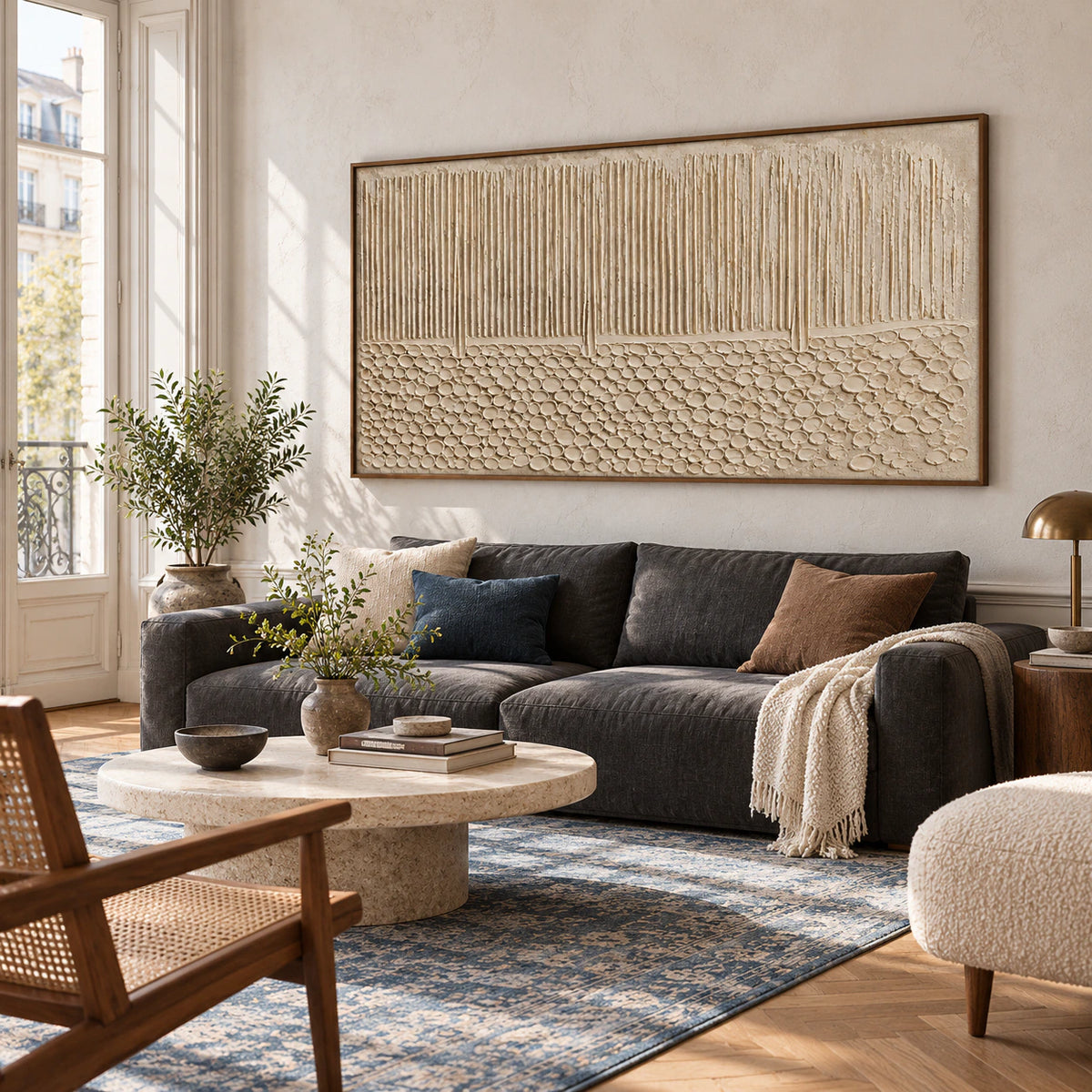 Fluted-Cairn displayed above a low charcoal sofa in a bright living room.