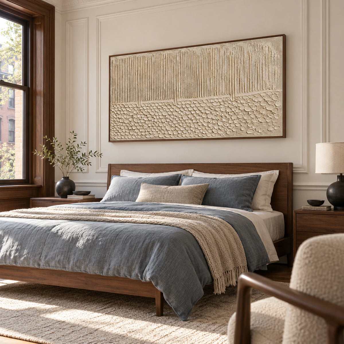 Fluted-Cairn above a simple walnut bed in a quiet, daylight-filled bedroom.