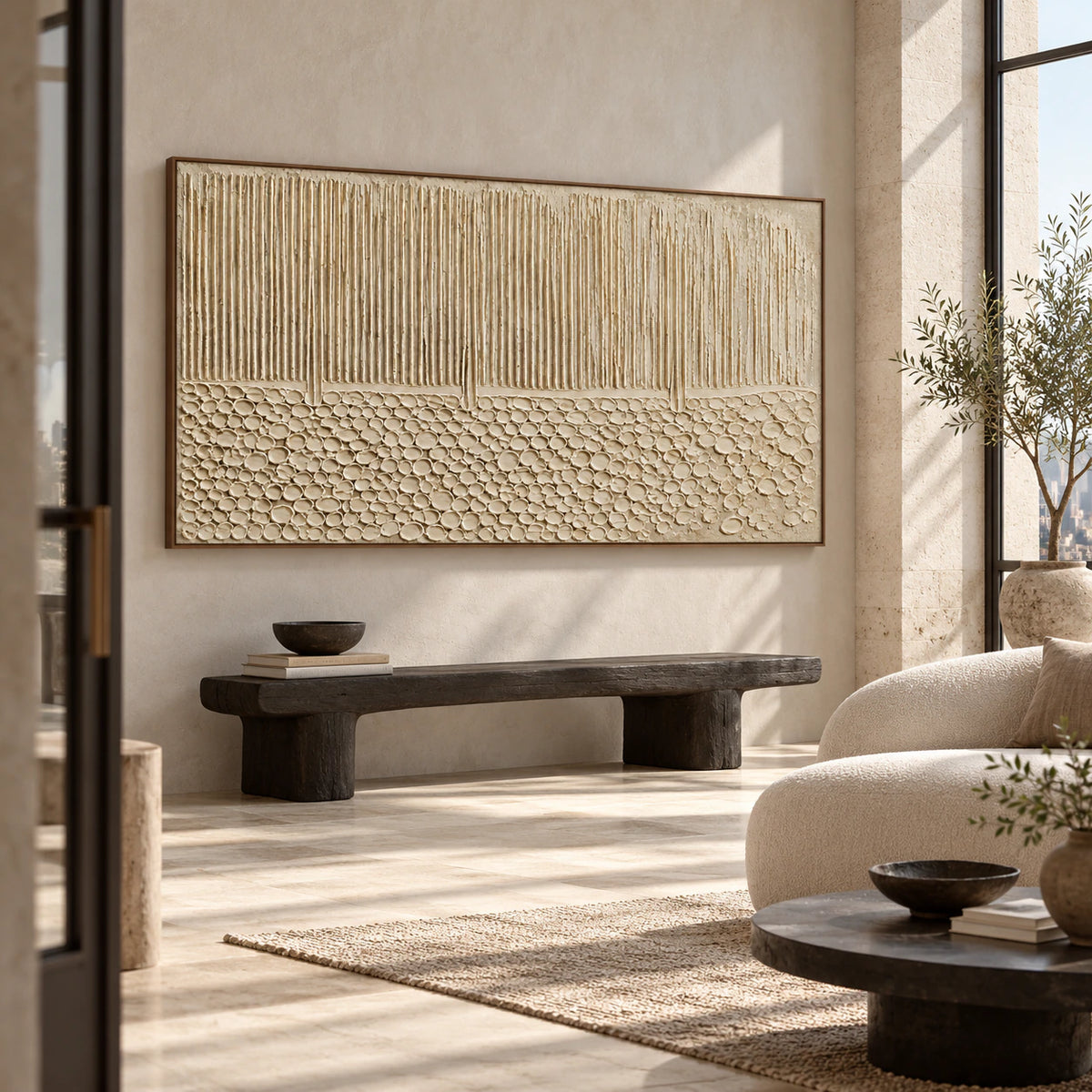 Large Fluted-Cairn artwork in a bright gallery-scale foyer with a sculptural bench.