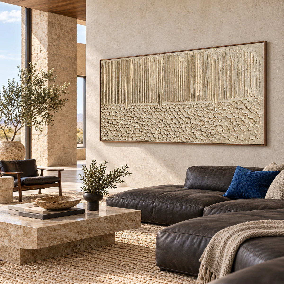 Fluted-Cairn featured at scale in an expansive loft interior with concrete and dark furnishings.