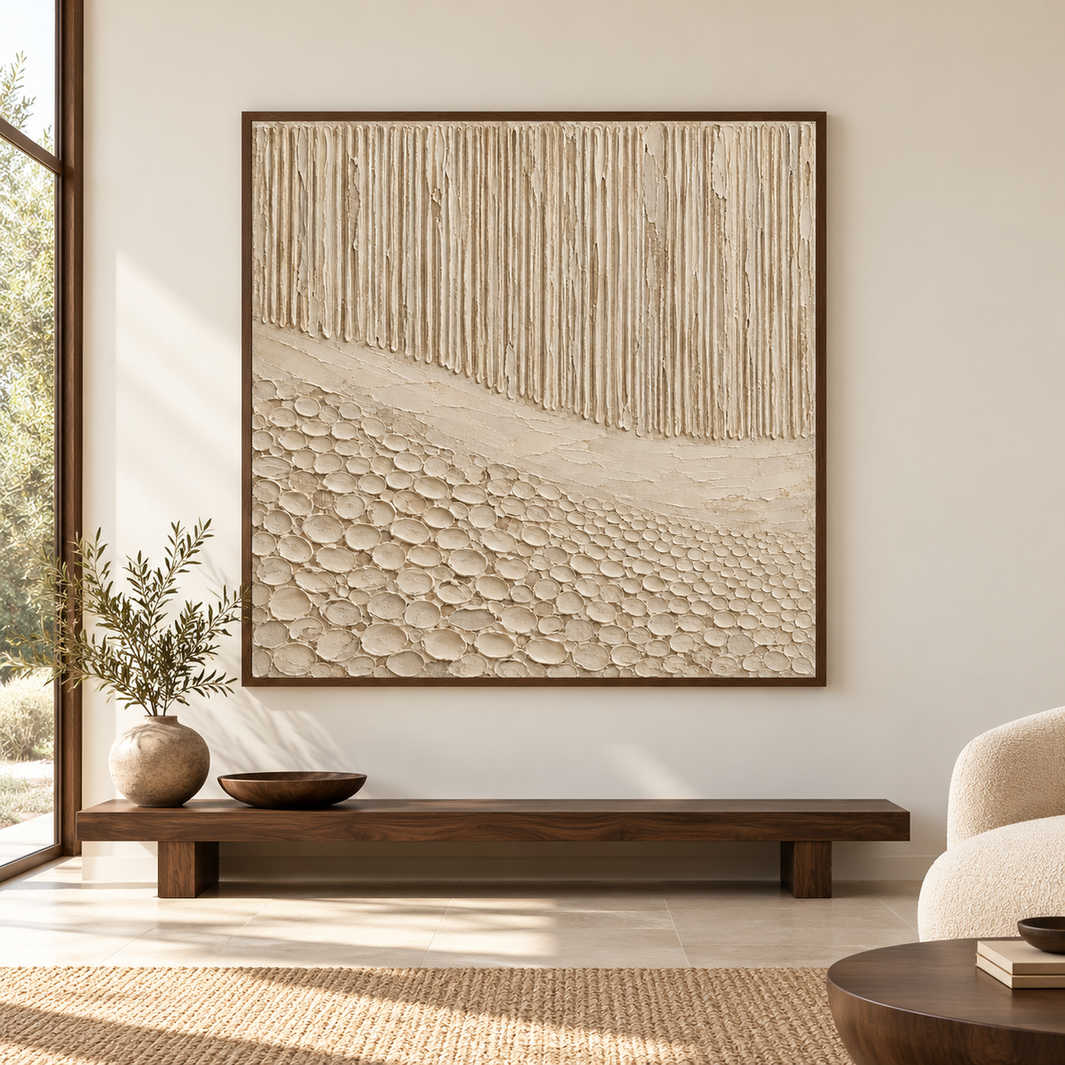 Square ivory and sand artwork viewed straight-on on a warm-white gallery wall in a bright, spacious room with dark wood furnishings.