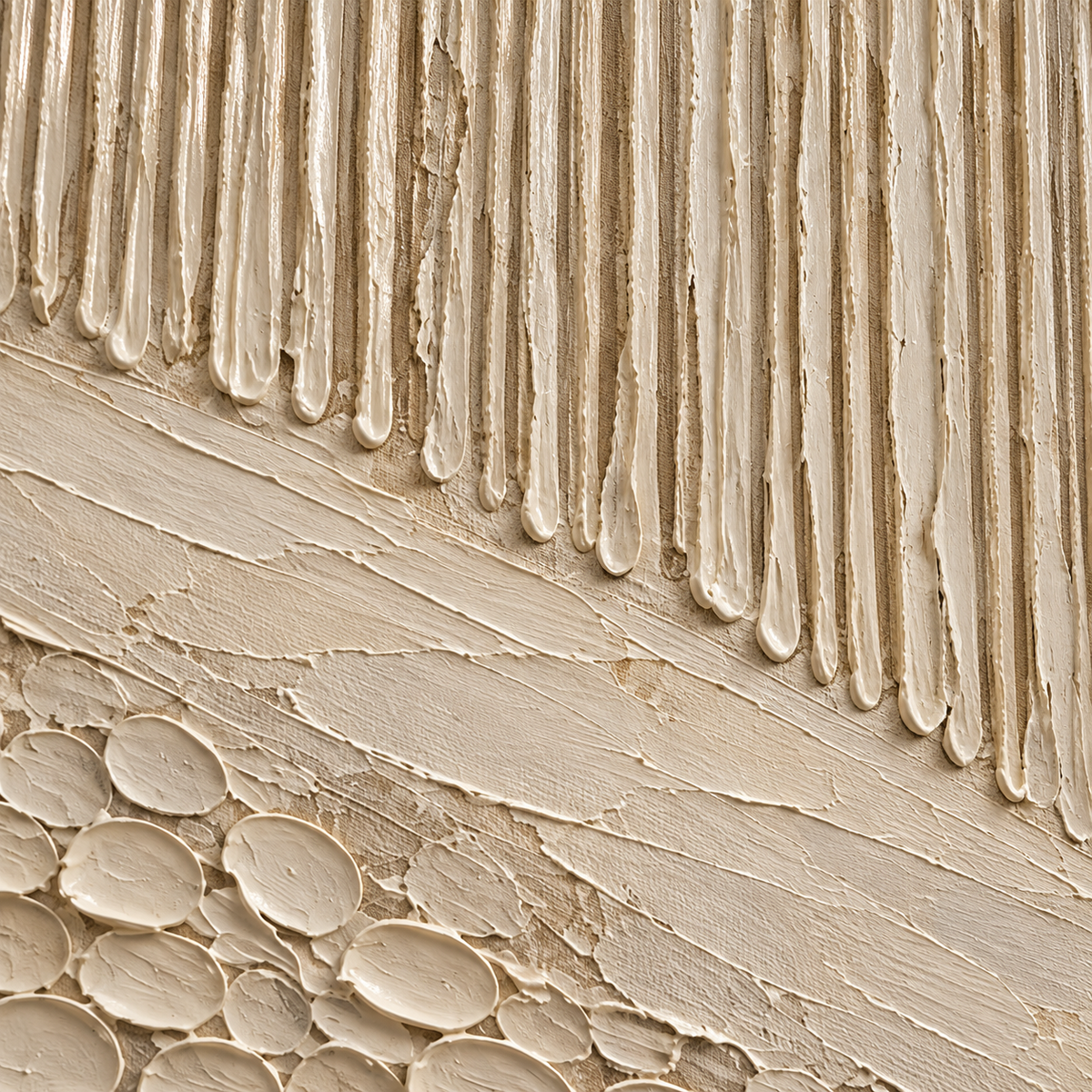 Oblique close-up of Fluted-Crossing’s ivory and sand painted surface, with grazing light revealing raised texture and shallow shadows.