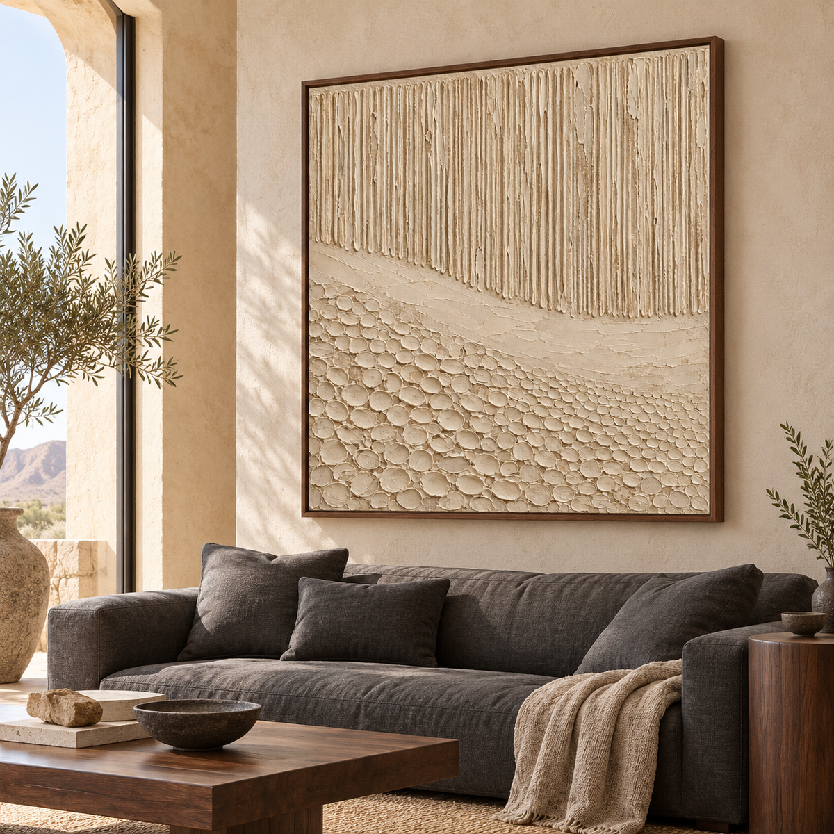 Square ivory and sand artwork above a charcoal sofa, viewed from the left at seated eye level in a bright living room with a dark wood side table.