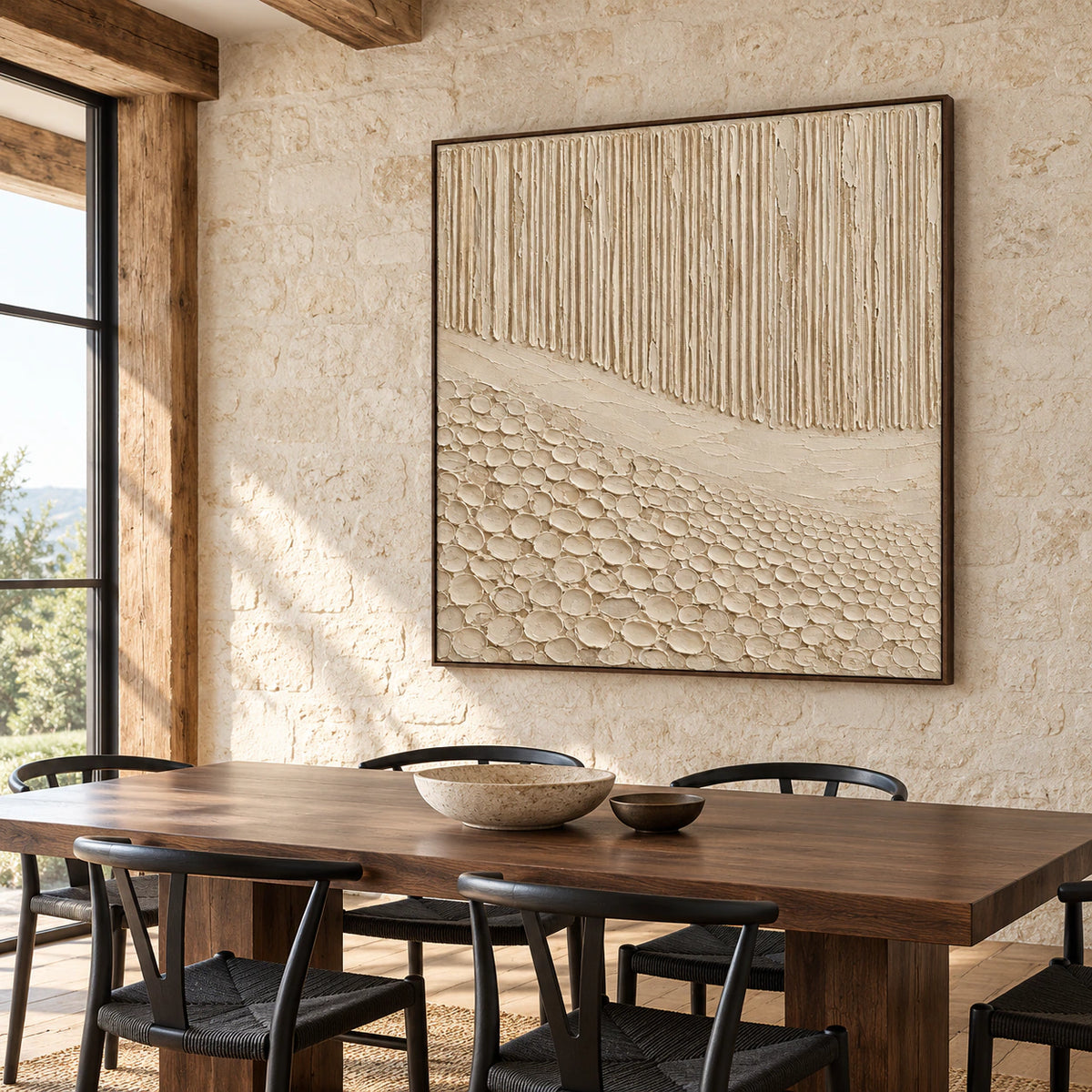Square ivory and sand artwork on a limestone wall above a dark walnut dining table with black chairs, viewed from the right at standing height.