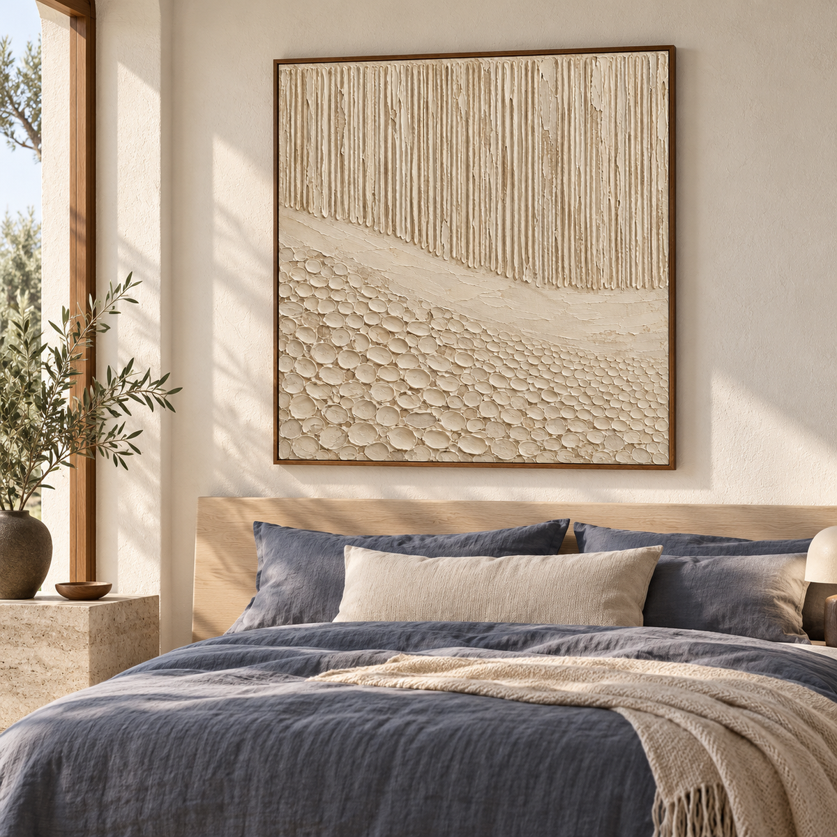 Square ivory and sand artwork above a low bed with slate bedding and a pale timber headboard, viewed from the left slightly above bed height.