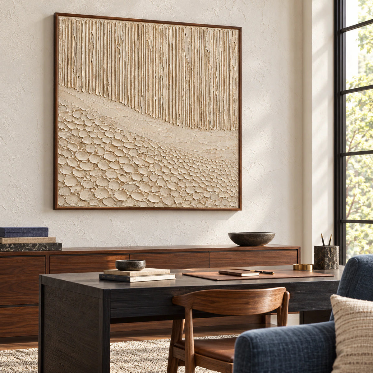 Square ivory and sand artwork on a pale home office wall with a dark writing desk and muted blue reading chair, viewed from the right at a slightly low angle.