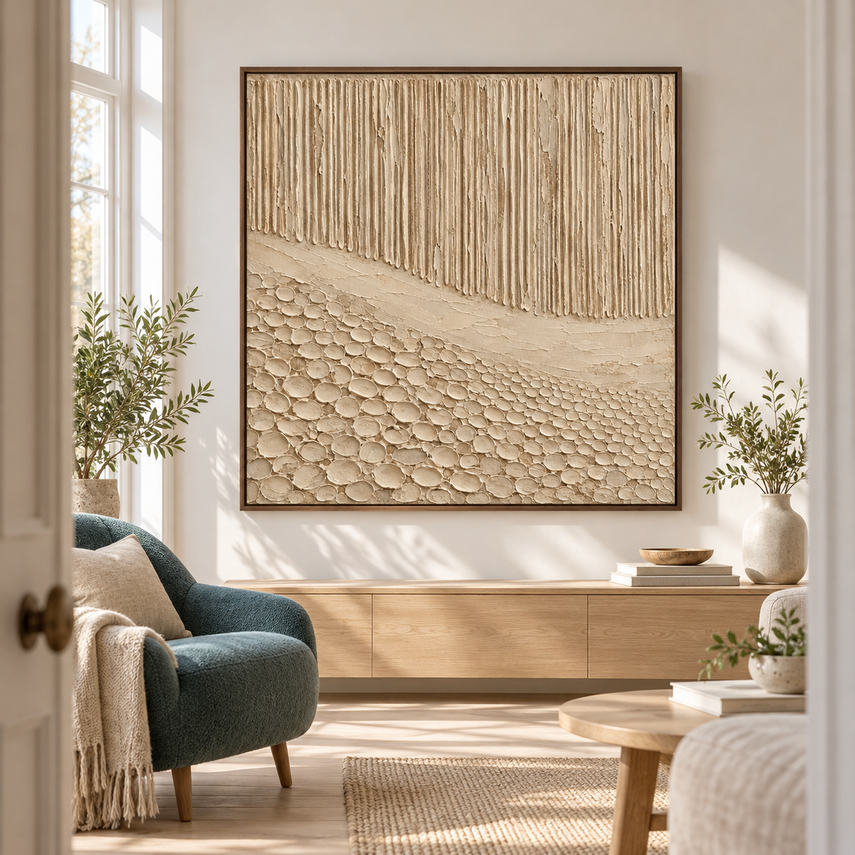 Square ivory and sand artwork on a tall wall in a spacious lounge with dark leather seating, a stone side table and tall windows, viewed from the right.