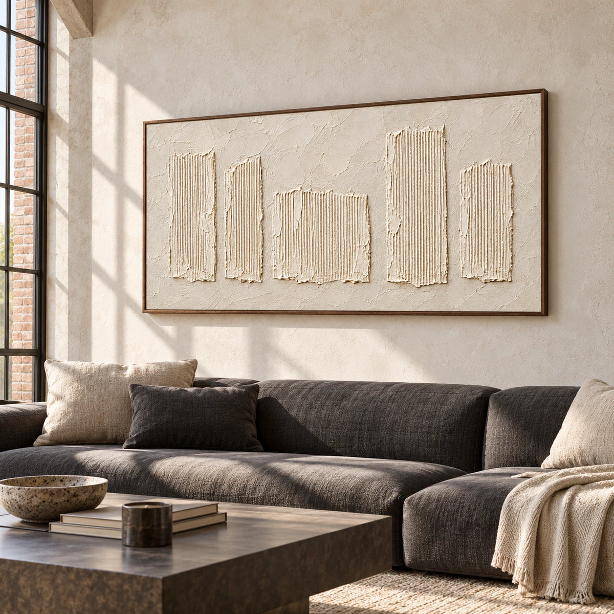 Ivory ribbed relief artwork as the focal point in an expansive modern loft interior.