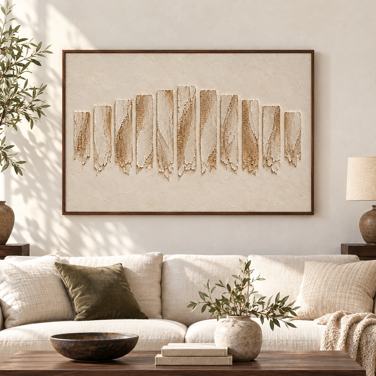 Large horizontal ivory textured painting on a pale plaster wall in a bright living room with dark timber furniture, viewed straight on.