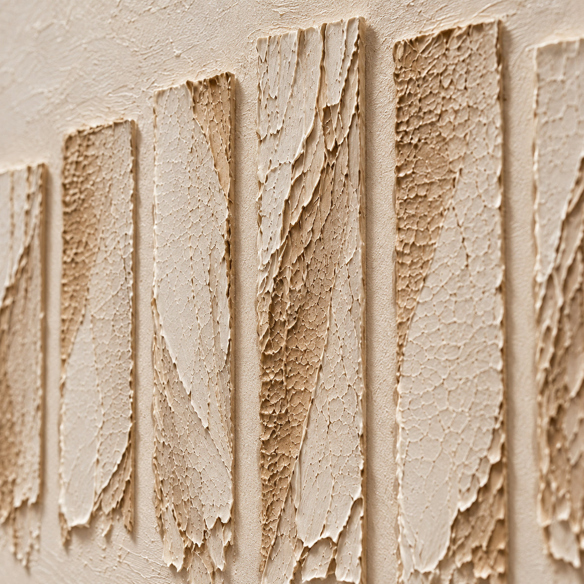 Oblique close-up of the ivory oil painting, showing cracked layers and raised ridges under grazing directional light.